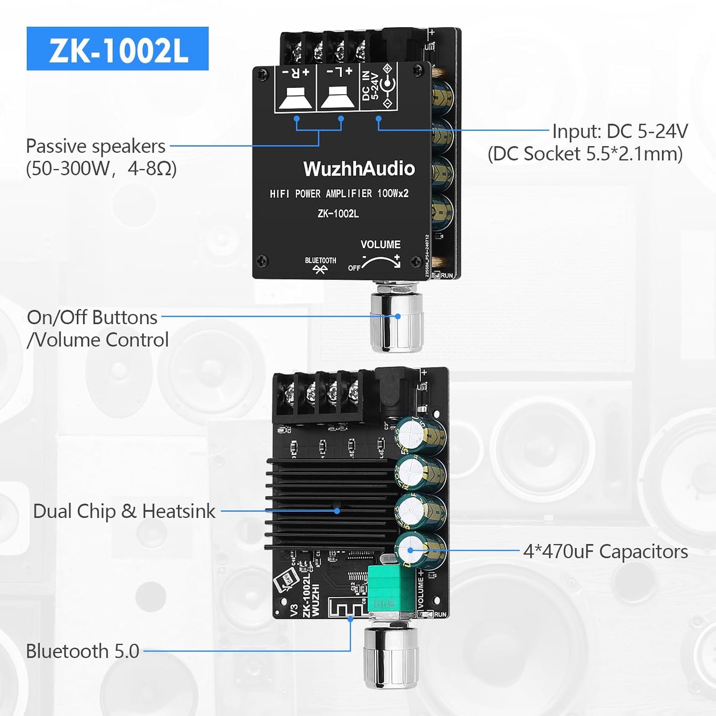 ZK-1002L 200W 2.0 5-24V Audio Power Amplifier Board with Bluetooth and AUX Inputs, Channel Stereo Mini Power Amplifier