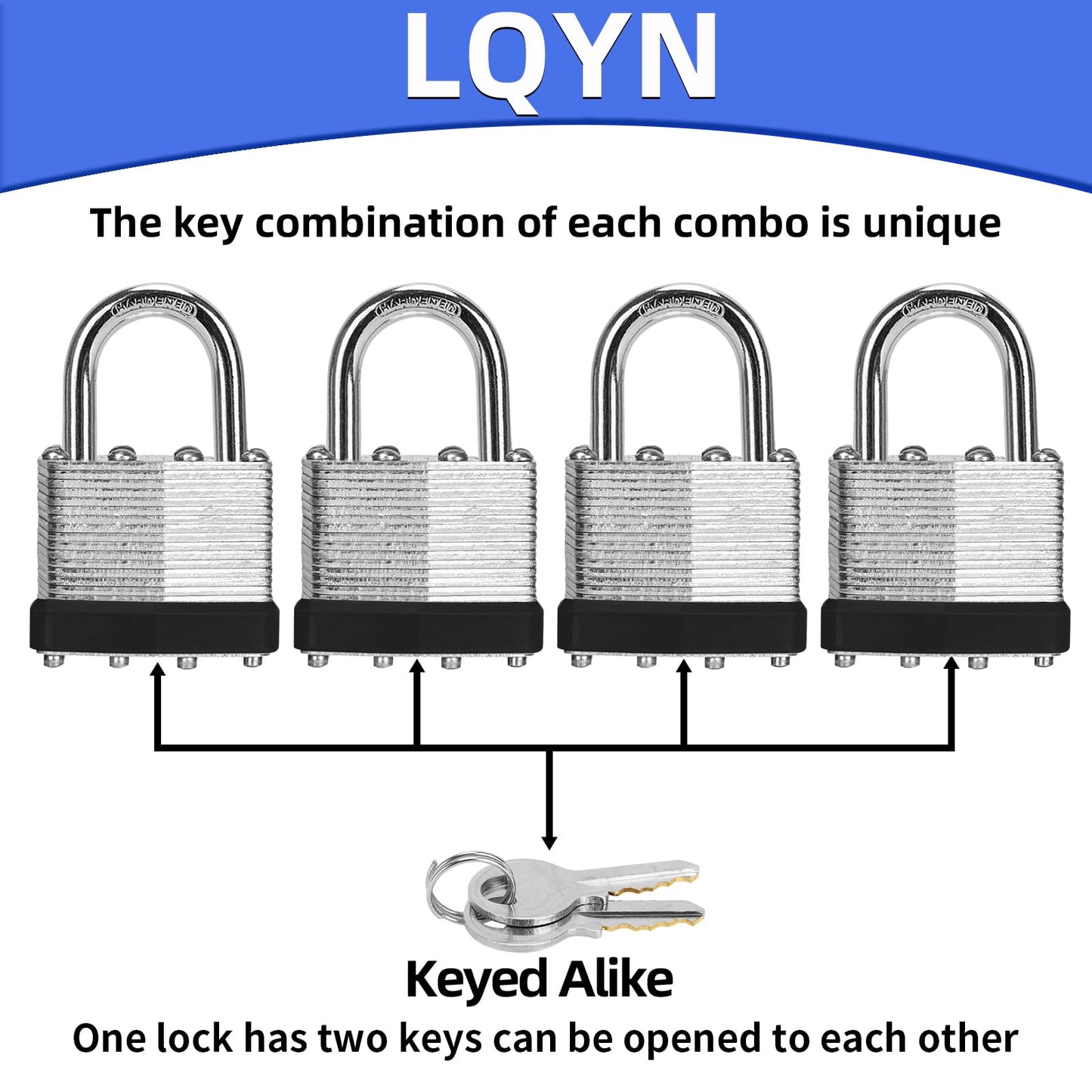 Padlocks with Same Key, LQYN 100 Pcs Laminated Keyed Padlock (1-9/16", 40mm), Keyed Alike Locks, Normal Shackle, for Storage Locker, Hasp Latch, Toolbox, Sheds