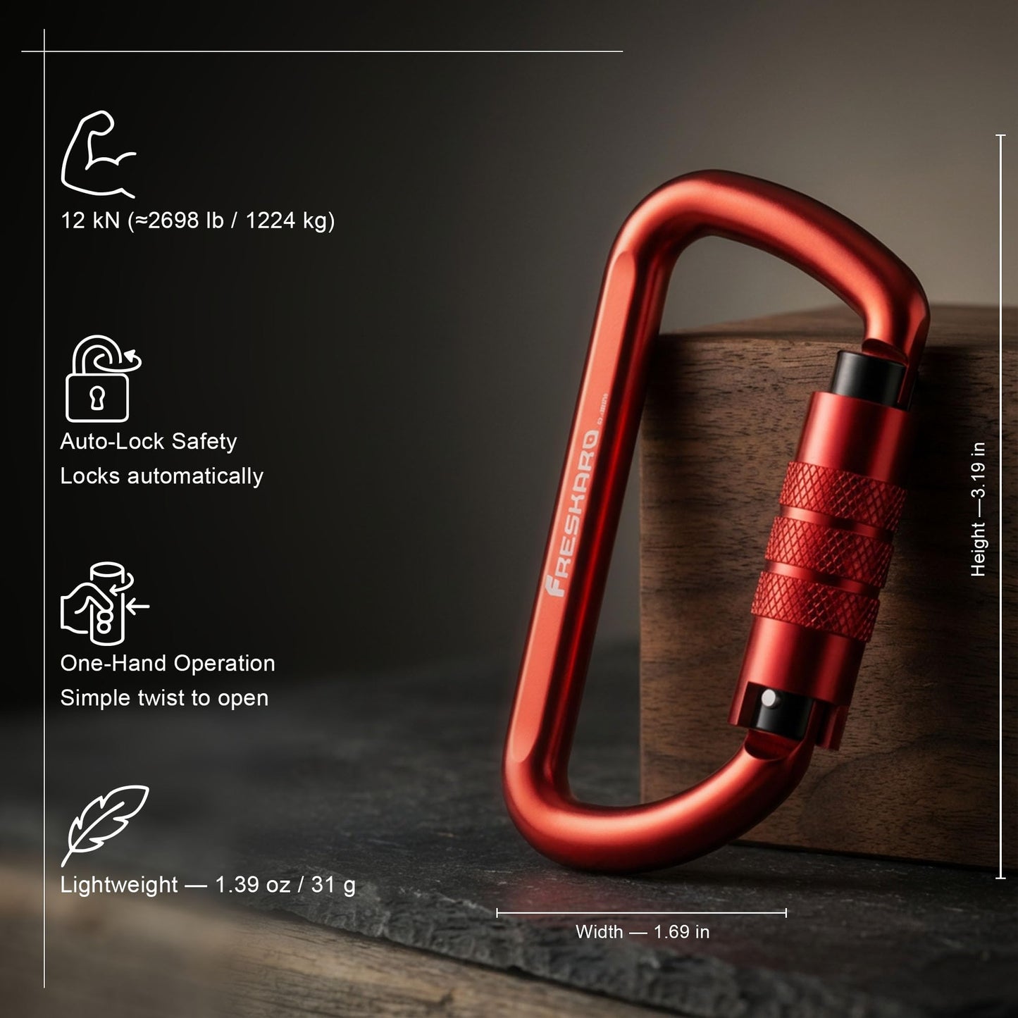 FresKaro 3inch Auto Locking Carabiner Clips, Solid D Shape Style, Heavy Duty Keychain Aluminum Carabiner - Holds a Maximum of 2698lbs, Lightweight 1.09oz, for Hammock, Hiking, Dog Leash, 3pack, Red