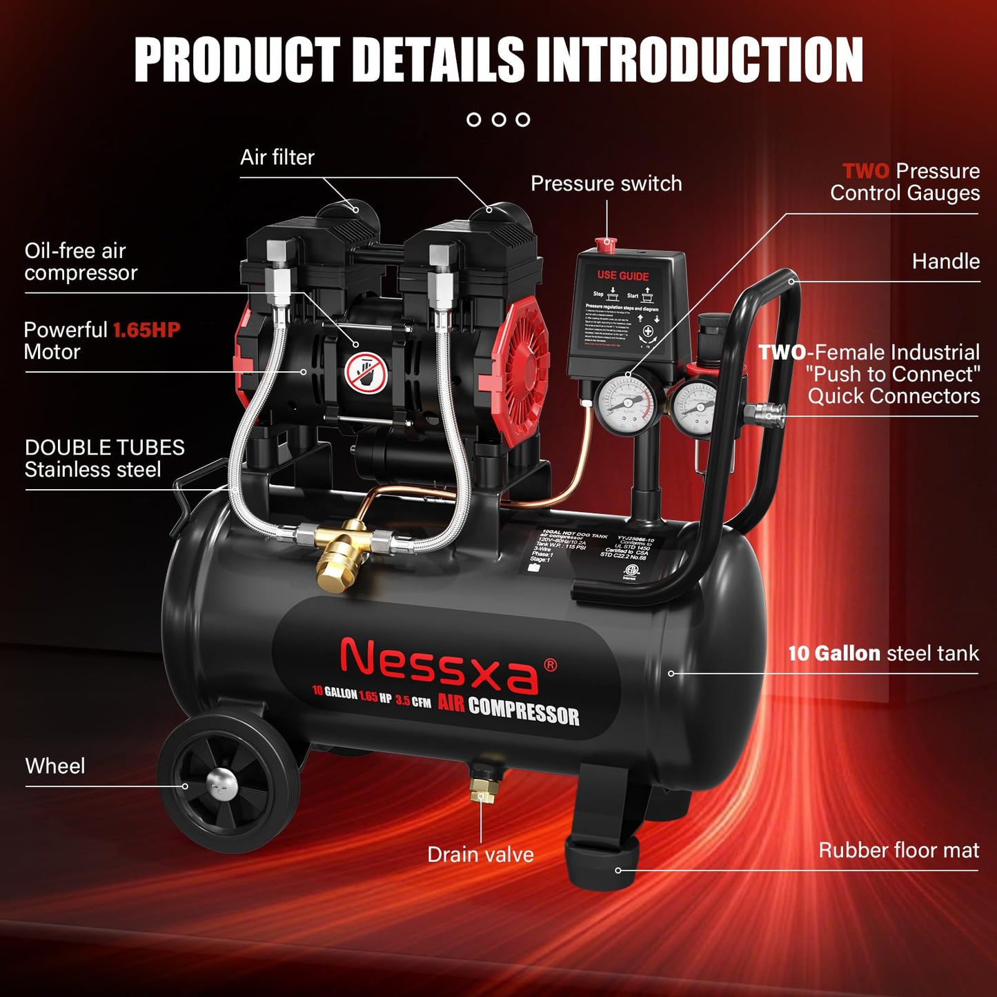 10 Gallon Ultra Quiet Air Compressor, Oil-Free Air Compressor Tank with Two Quick Couplers, 2HP 8.76 CFM@115PSI Pressure 70dB Electric Air Compressor for Woodwork Nailing, Garage, Auto Repair