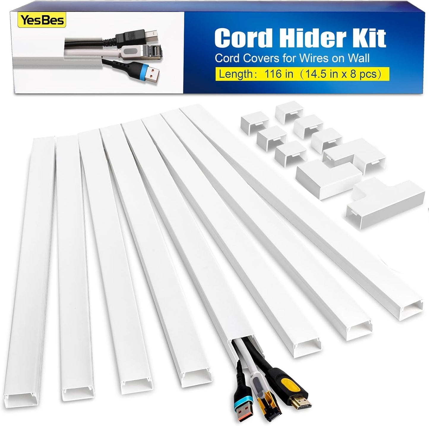 YesBes Cord Hider Kit - 116in Paintable Cable Raceway for Wall-Mounted TVs | White Wire Covers