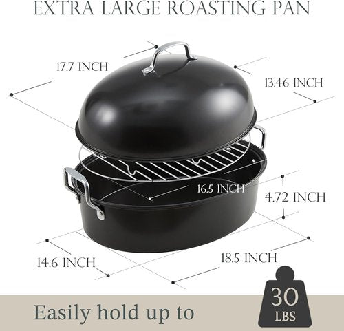 KITESSENSU Extra Large Roasting Pan with Lid - Nonstick Turkey Roaster with Rack | 18.5 x 14.5 In, Heavy Duty, Dishwasher Safe, Grey
