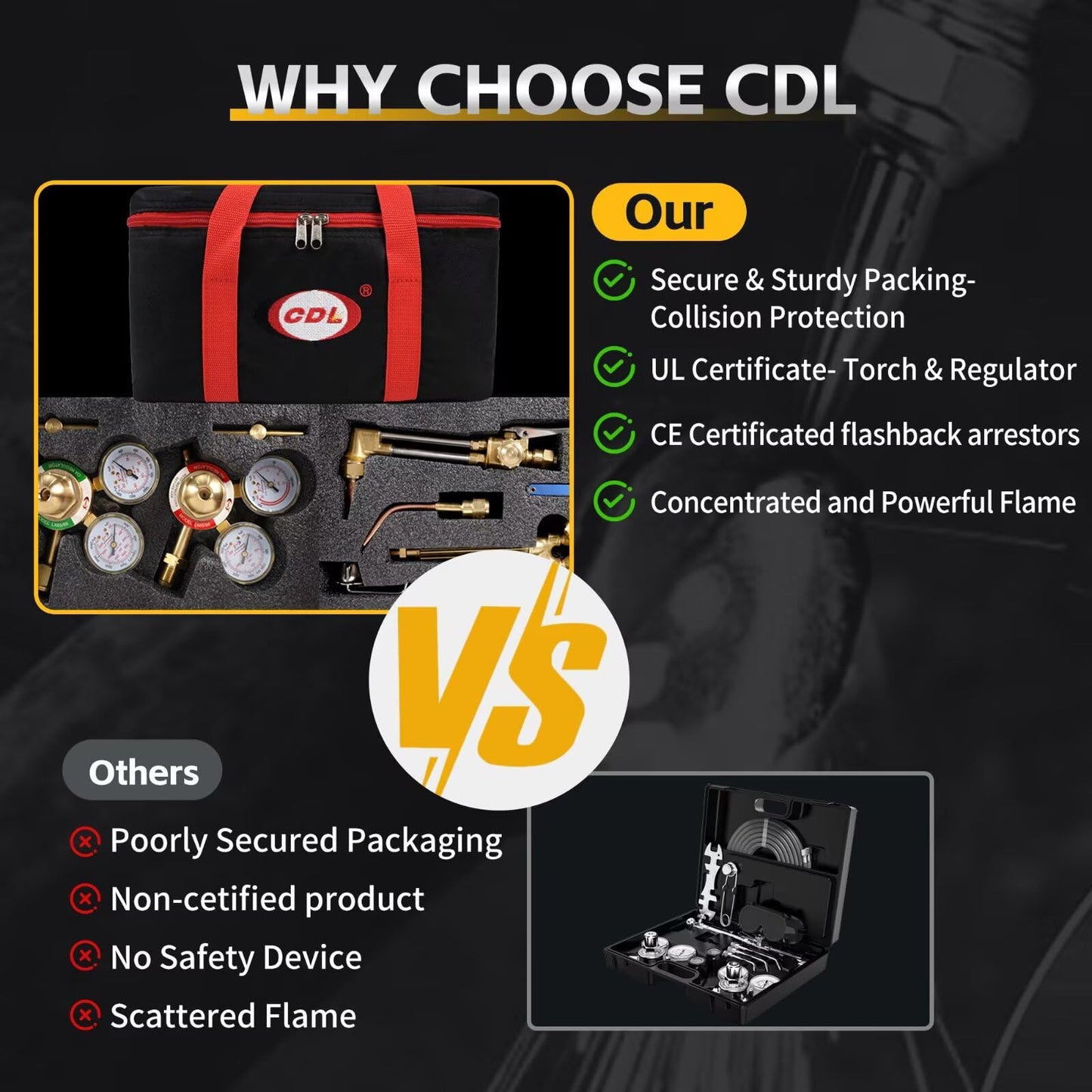 CDL Oxy Acetylene Torch Kit with Check Valves,Medium Duty,Gas Welding Cutting Torch Kit with Hose,Regulator Gauges,Cutting Tip,Welding Tip,Goggles,Carrying Bag