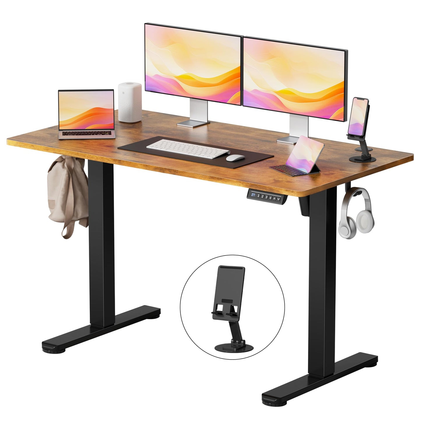 YESHOMY Height Adjustable Electric Standing Desk, 46 x 24 Inches Memory Home Office Sit Stand up Desk with Phone Holder and USB Charging Port, Rustic Brown