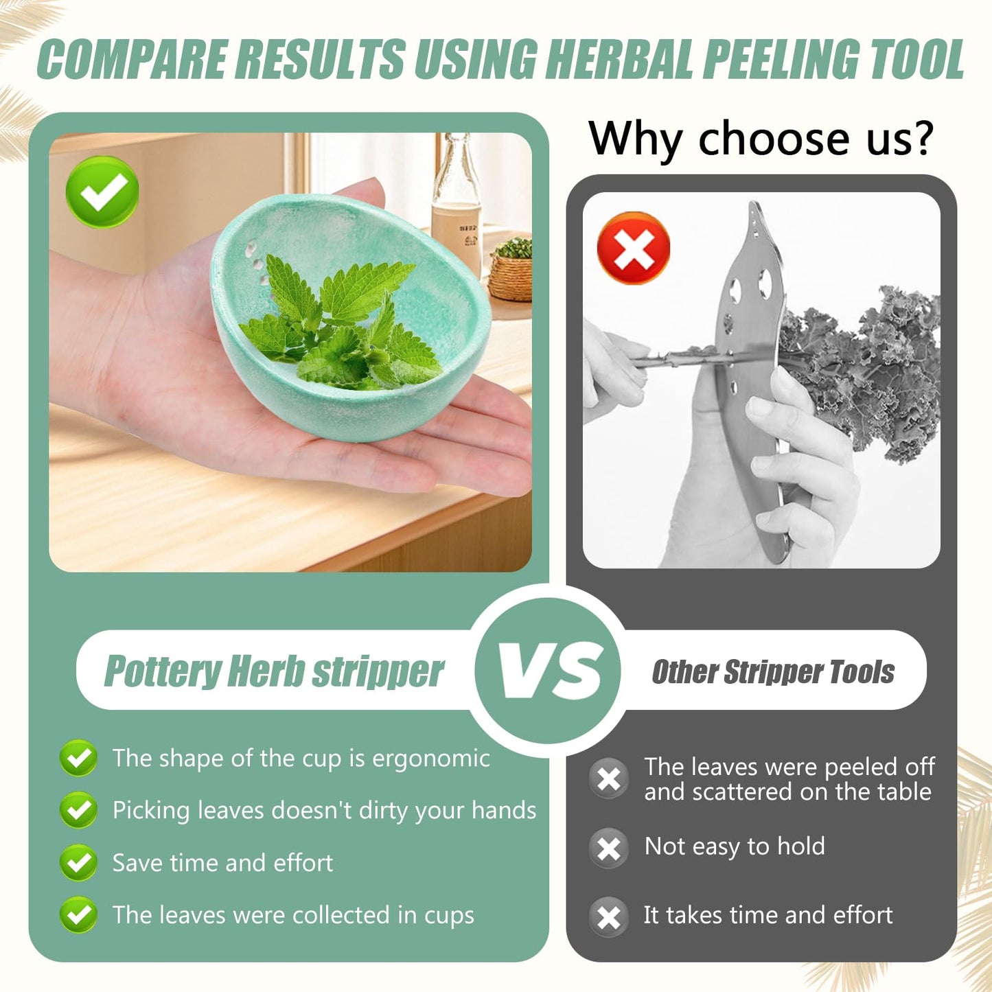 Rimigood Handmade Ceramic Herb Stripper Bowl-Ceramic Herb Peeling Bowl Kitchen Herbs Leaf Stripping Tool Pottery Herb Peeler for Kale, Thyme, Basil, Rosemary Stripper (Green)