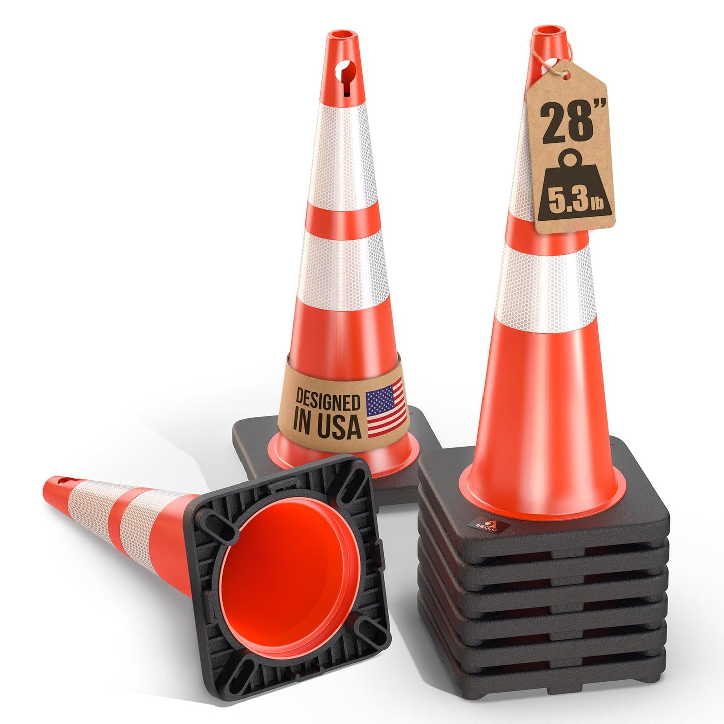 GECCO ™ (8 Pack) 28 Inch 5.3 Lb New Orange Traffic Cones with Chain Hole | Safety Cones, Orange Cones, Parking Cones, Construction Cones, Road Cones | PVC Plastic & Black Base - [INNOVA Series]