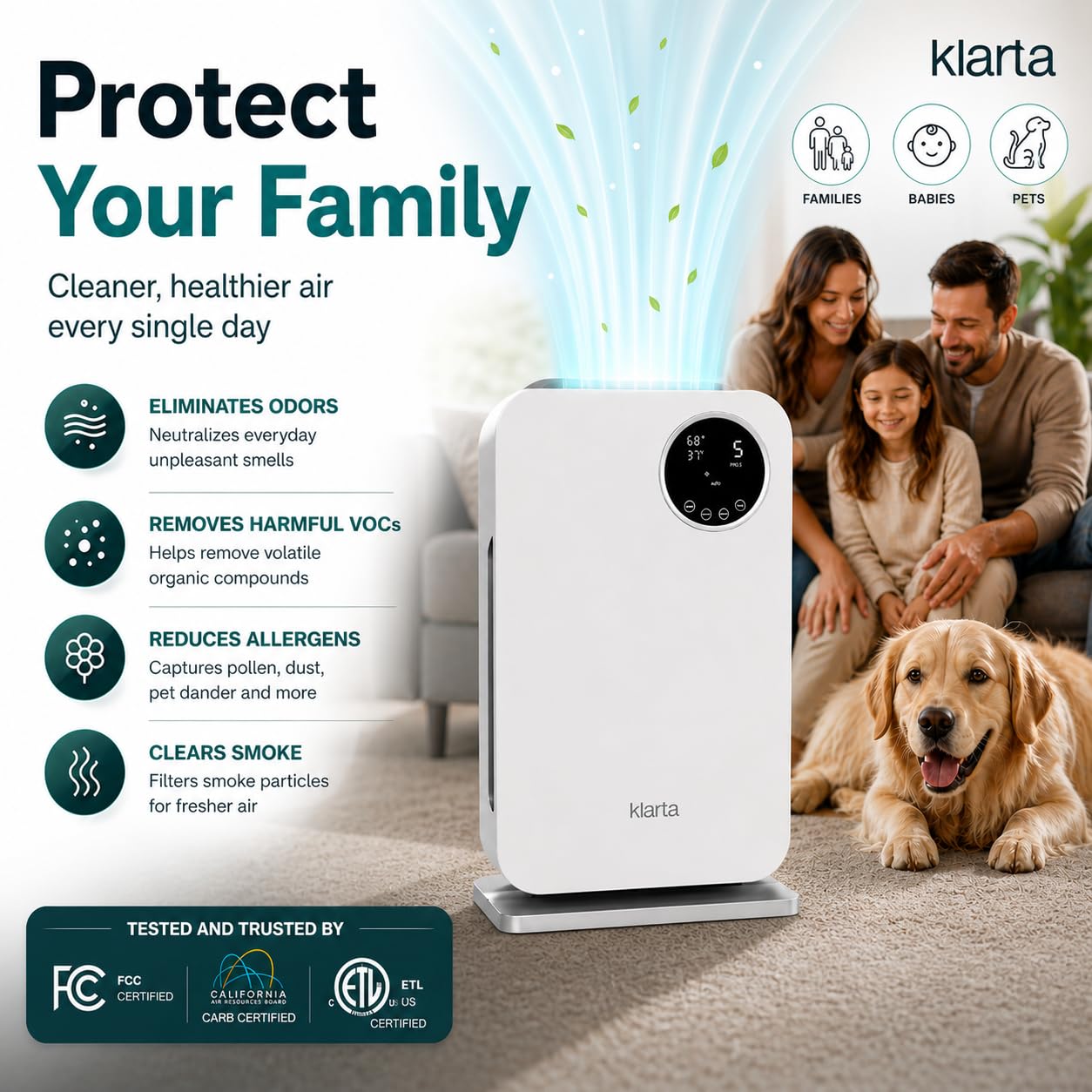 Klarta Air Purifier for Home - HEPA Smart WiFi App - Ultra Quiet 20 dB - Removes Allergens, Smoke & Odors - 99.97% Particle Filtration - Up to 1237 ft² - Klarta Forste Wood Black