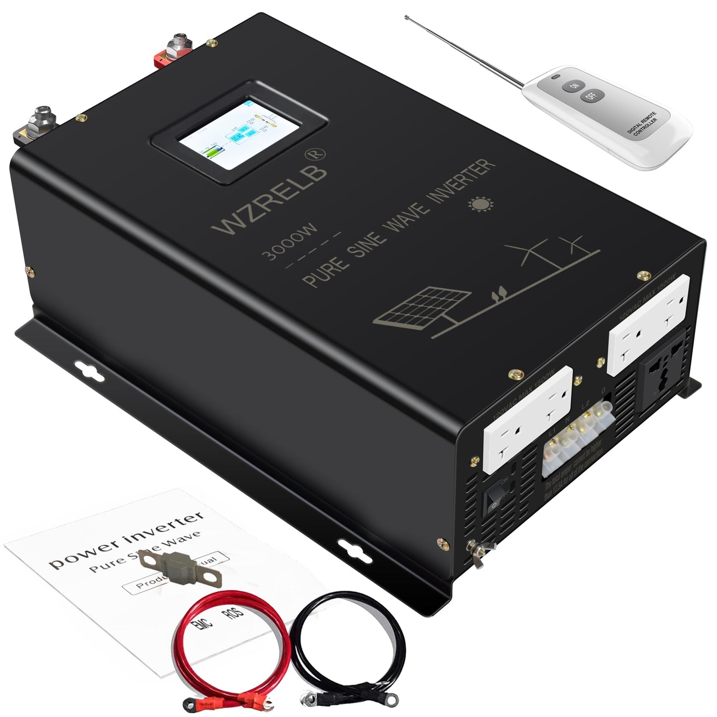 WZRELB 3000W 24V Pure Sine Wave Inverter, 24V DC to 120V/240V Split Phase Power Inverter, 6KW Surge, 5 AC Outlets, AC Hardwire Terminal, High Efficiency up to 91.6%, Wireless Remote