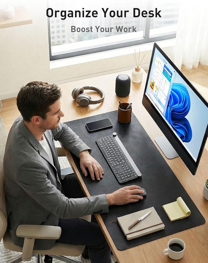 Aothia Faux Leather Desk Mat - Non-Slip PU Leather Desk Blotter, Waterproof Writing Surface, Large Desk Pad for Office & Home (Black, 55" x 24")