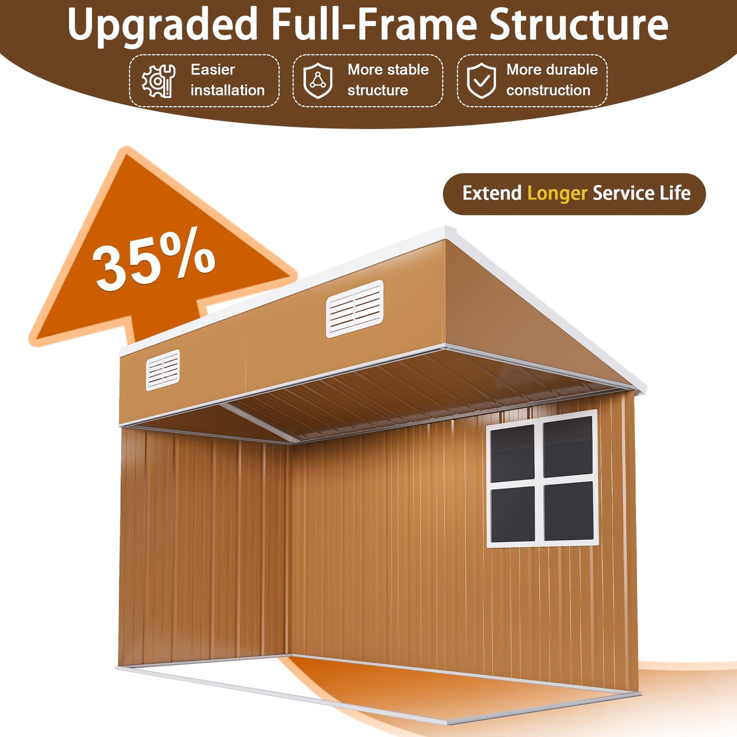 YOPTO 8x4 FT Sheds & Outdoor Storage,Heavy-Duty Metal Steel Shed with Windows and Weatherproof Sloped Roof,Waterproof Tool Sheds w/Lockable Door & Ventilation,for Garden,Lawn,Brown