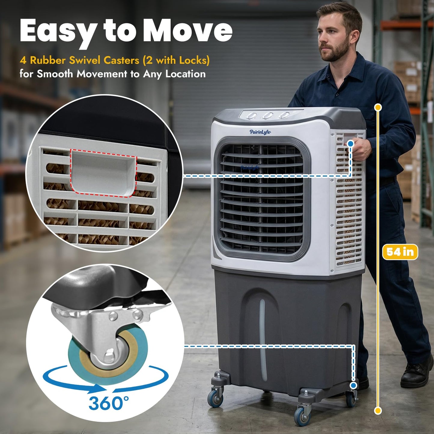 54" Tall 7000CFM Large Swamp Cooler, 3-in-1 Evaporative Air Cooler with 26.5 Gal Water Tank, 3-Speed, 2 Modes, 4 Ice Packs & Storage Bag, Outdoor Cooling Fans for Patio Garage Factory, 2000 sq.ft