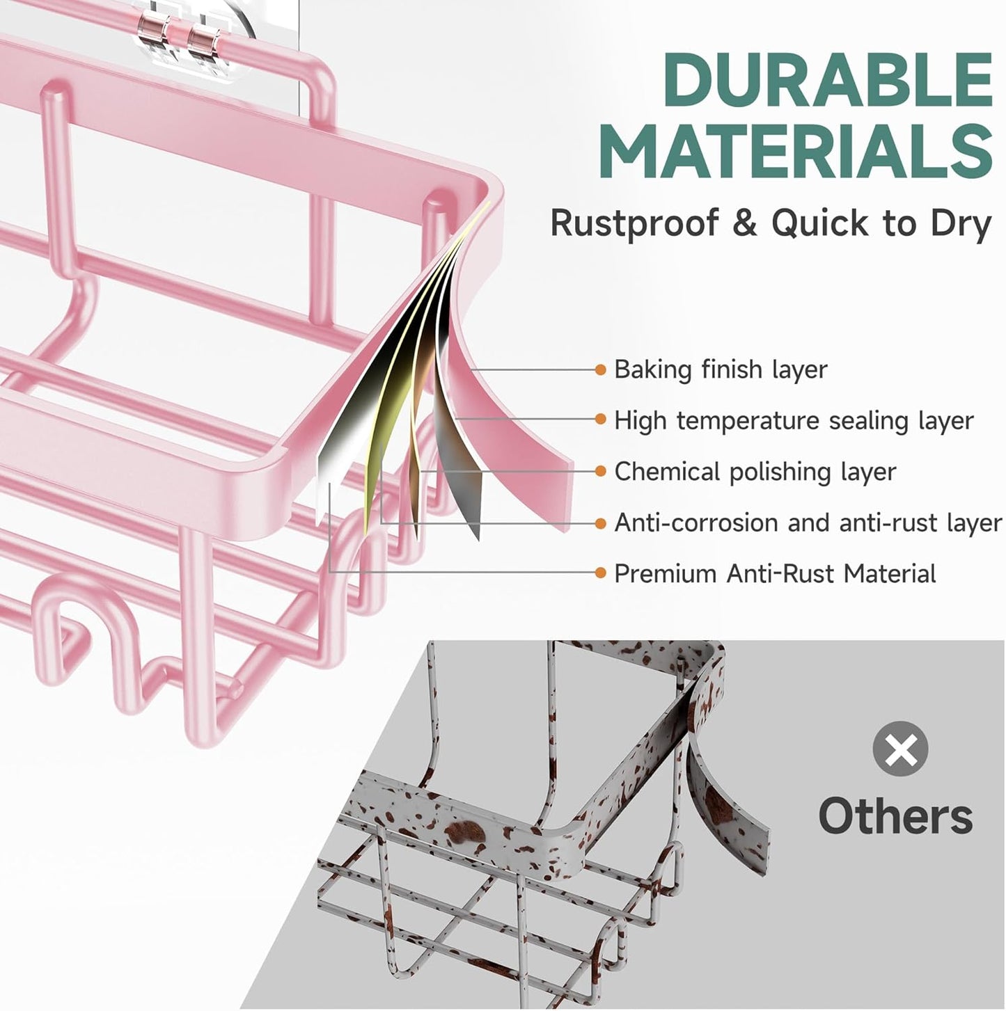 Veken Large Capacity Shower Caddy - Rustproof Adhesive Shelves with Soap Holder | 6-Pack Pink Bathroom Organizer