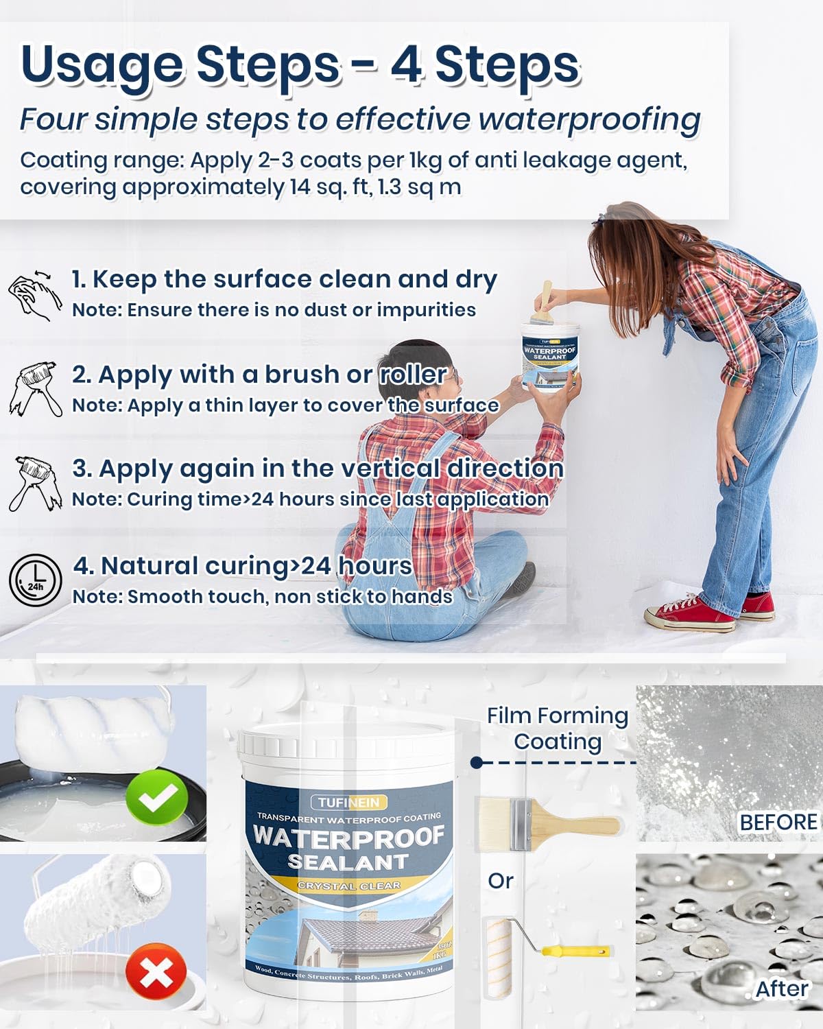 Transparent Waterproof Coating, TUFINEIN 35oz Invisible Waterproof Agent Indoor & Outdoor Sealant Water-Based Clear Sealant Roofs, Walls, Garden, Terraces