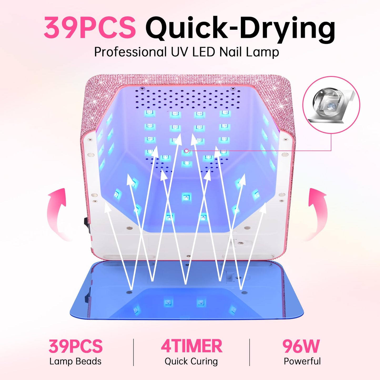 CHRISTINE SHELLY H20 UV Light for Gel Nails, 96W Rechargeable UV Nail Lamp & 504 Nail Dust Collector, Bling Diamond Rechargeable 5000RPM Vacuum Nail Tech Fan Extractor