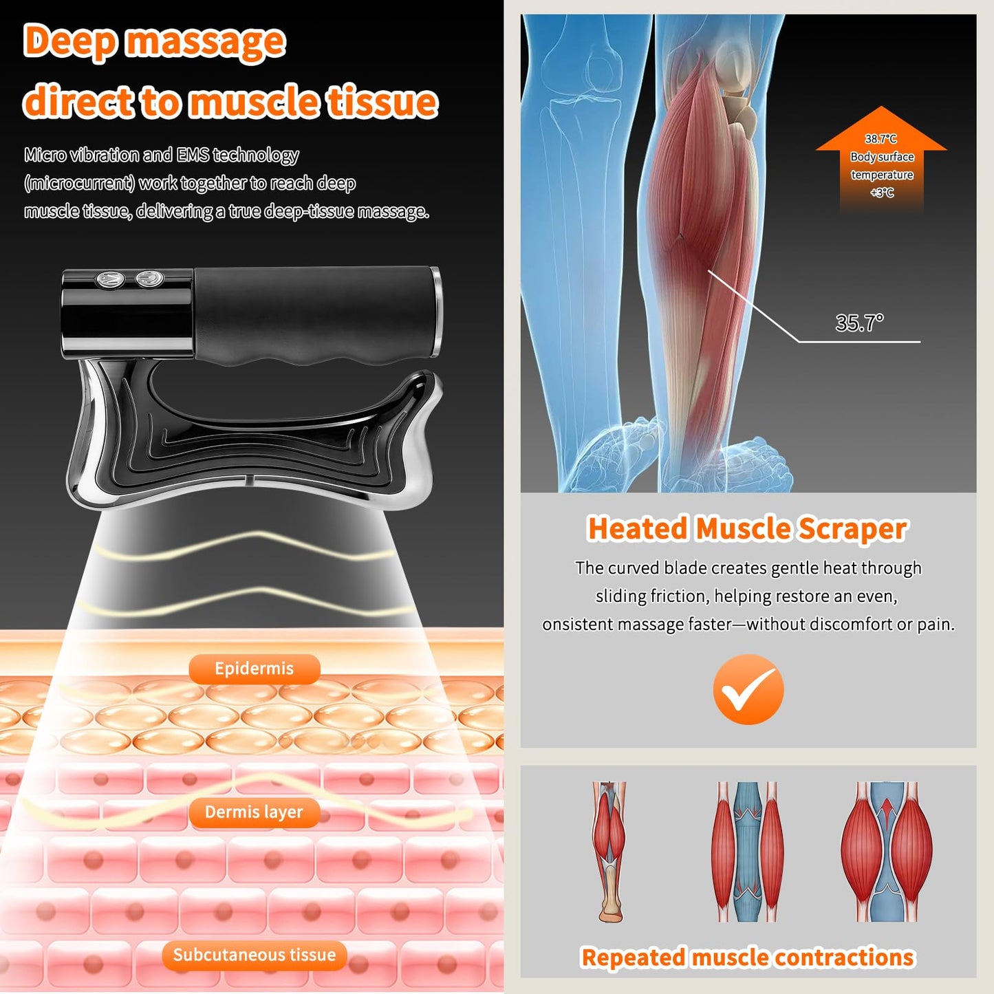 baoinse Electric Muscle Scraper, Muscle Scraper Tool with Heating and Vibration, 3 Adjustable Intensity Modes, Electric Massager for Muscles for Full Body Muscle Relaxation, Recovery and Pain Relief