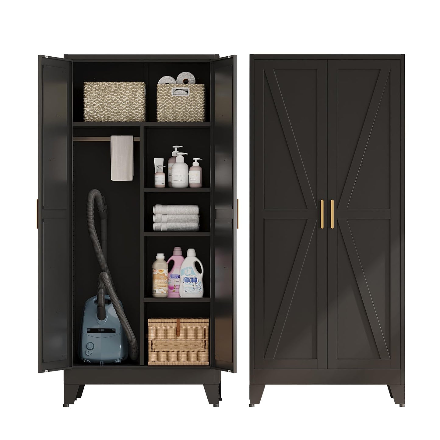Metal Broom Closet Cabinet, Utility Storage Cabinet with 4 Shelves, Farmhouse Metal Closet with Doors, 71" Tall Storage Cabinets with Hanging Rod and Clothing Shelf for Hallway Laundry Mudroom