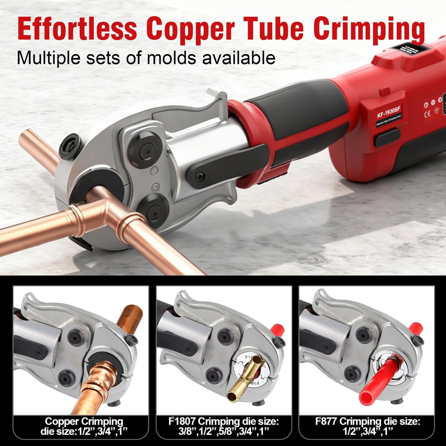 ketailei 18V MAX 22KN Pro Press Tool, Cordless Plumbing Kit for Copper & PEX Pipes, 3-Second Fast Cycle, 1/2" 3/4" 1" Copper Dies, 3/8"–1" ASTM F1807 PEX Dies, F877 Stainless Sleeves (KF-1930SF)