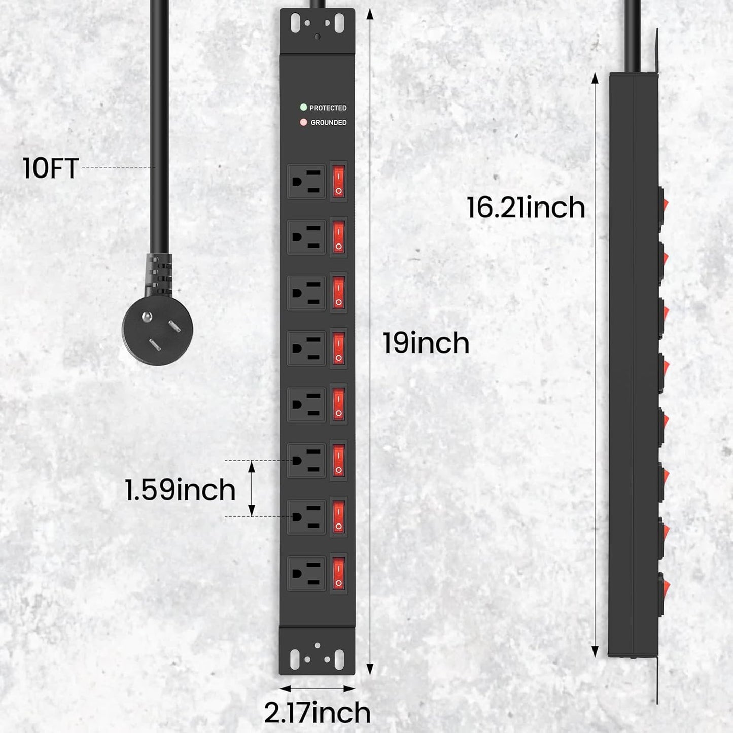 Jgstkcity Strips,8 Switches,1.5U Racks,14AWG Cord,2700J,15A 125V 1875W 10 Rack Mount PDU Power Outlet Surge