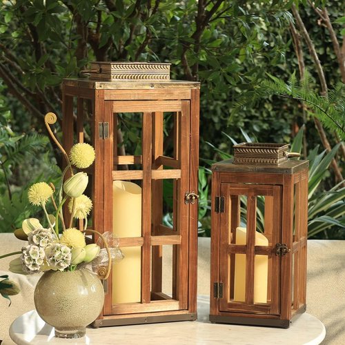 DECORKEY Rustic Wooden Metal Lantern Set of 2 - 28''/20'' H Decorative Indoor & Outdoor Candle Holders