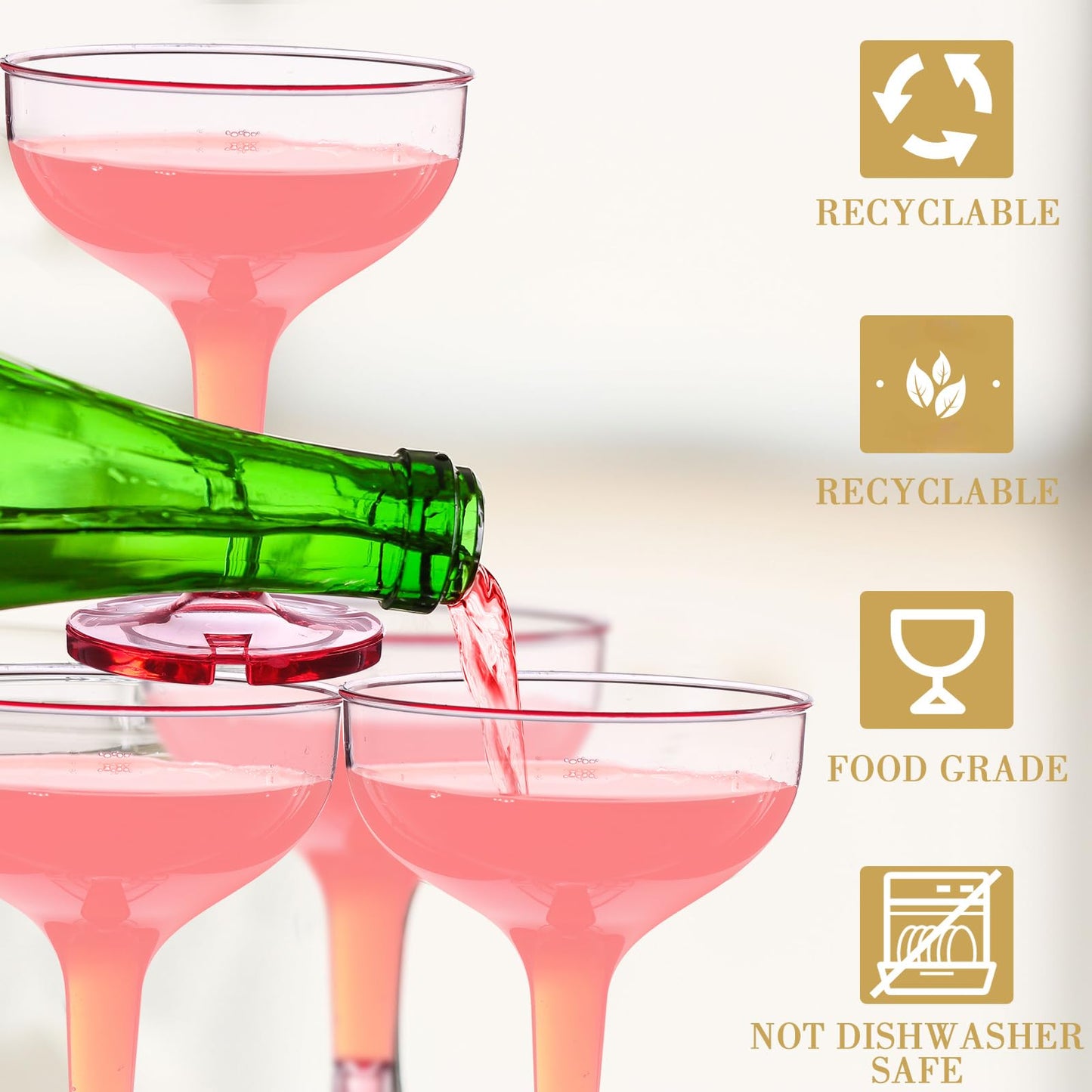 Zopeal 30 Pcs Plastic Champagne Tower Glasses - 5 oz Disposable Coupe Cocktail Cups for Graduation, Summer Pool Parties, Weddings, and Birthday Celebrations(Pink,Transparent)