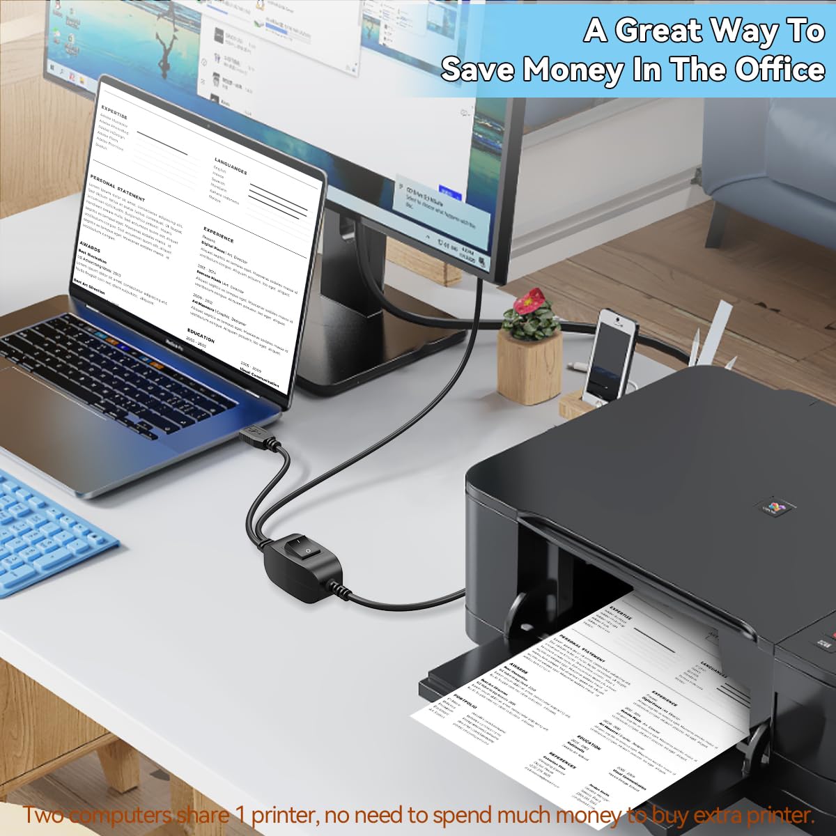 1 2 5FT+5FT Herfair Printer Splitter for Two Computers USB A Splitter in Out for Share One Printer/Scanner/Fax