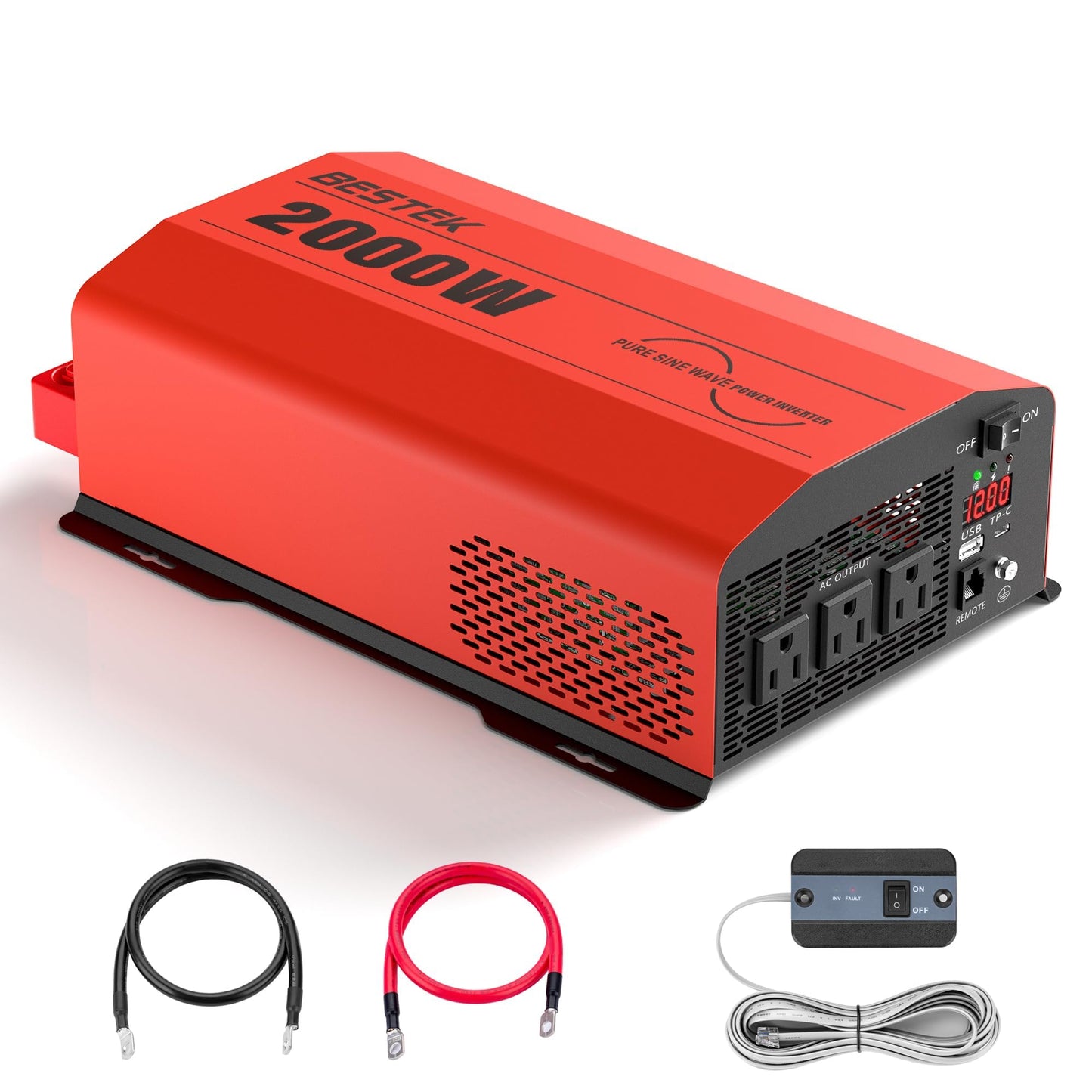 BESTEK 2000 Watt Pure Sine Wave Power Inverter 12V DC to 110V/120V AC Converter for Home, RV, Truck, Off-Grid Solar Power 3 AC Outlets Car Inverter with One 2 USB Port Type-C with Remote Control