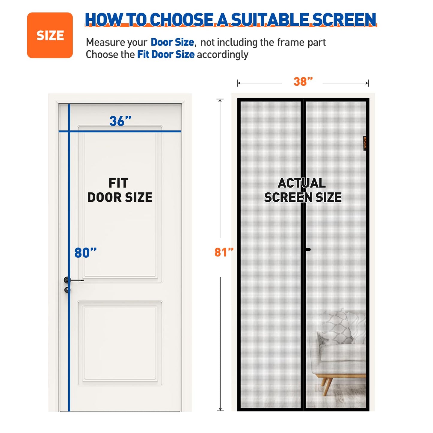 MAGZO Magnetic Screen Door Fit Door Size 36 x 80 Inch, Screen Size 38" x 81" Strong Magnets Mesh, Reinforced Fiberglass Net for Patio and Front Entrances, Gray