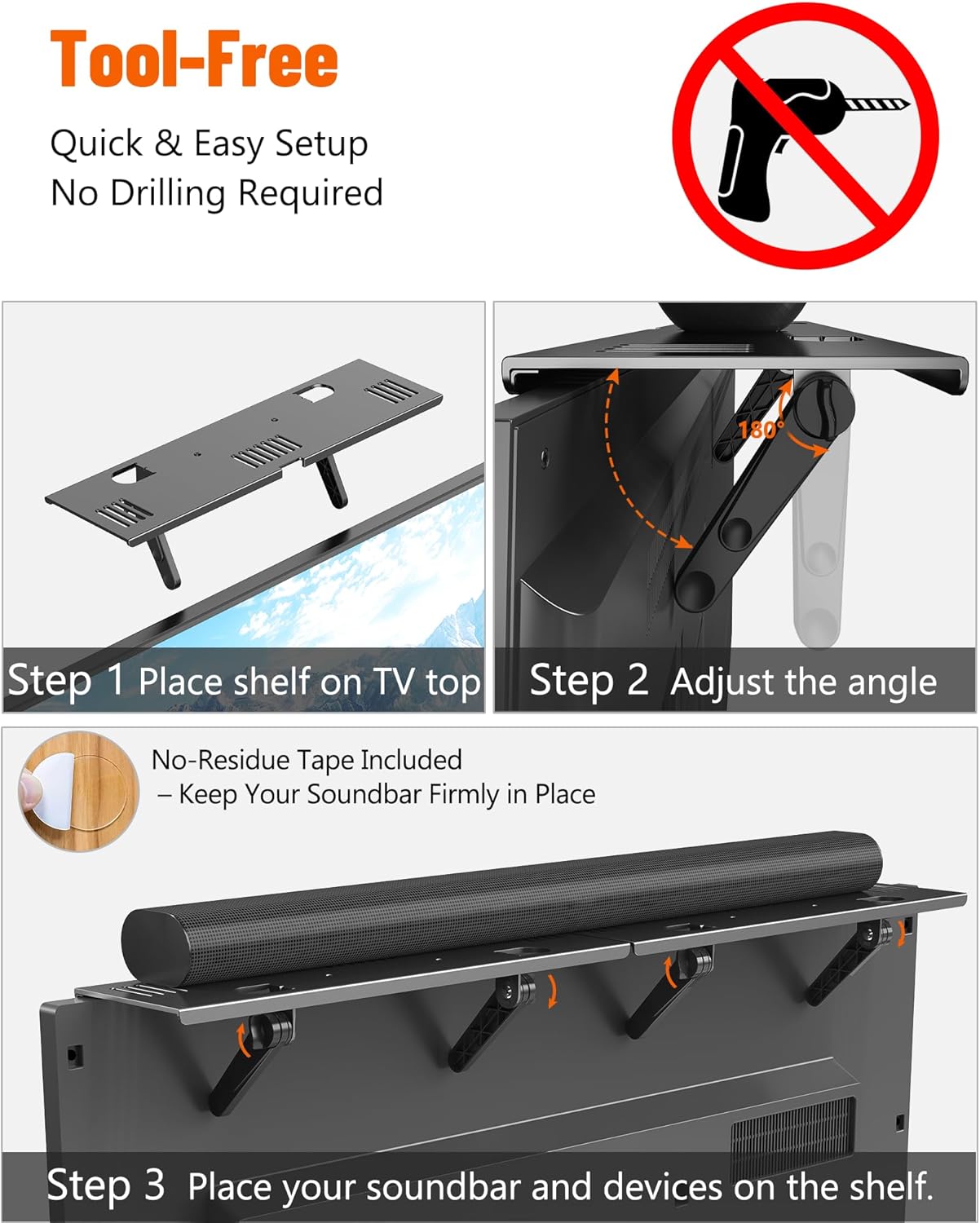 CUISIBOT 15 Lbs, 16.9x4.7inch Soundbar Mount, No Drilling Steel TV Top Shelf Fits Most of Sound Bars Up to Universal