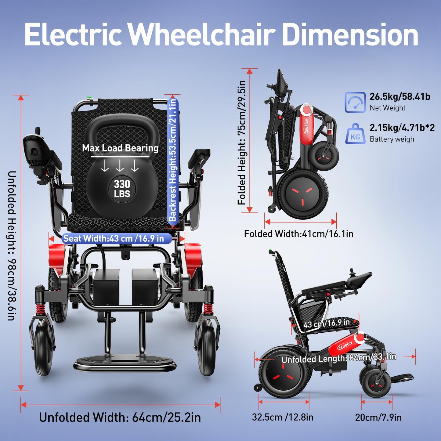 Electric Wheelchairs for Adults ZENBON, 30 Miles Cruise Range, Manual Foldable Powered Wheelchair, Intelligent Motorized Wheelchairs for Seniors, Portable All Terrain Electric Mobility Chair 632A