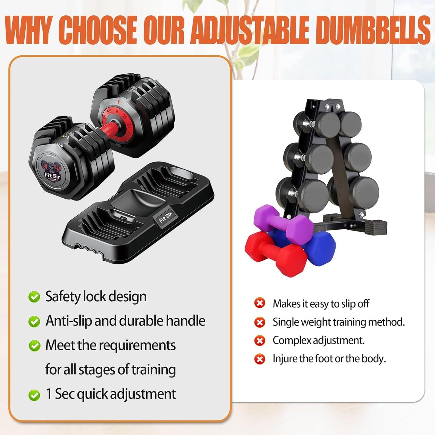 55LB Adjustable Dumbbell Set,10 in 1 Free Weights Dumbbell of 2 with Secure Locking Mechanism for Safe,1 Sec Speed Adjustment Men/Women Gym and Home Strength Training Equipment.