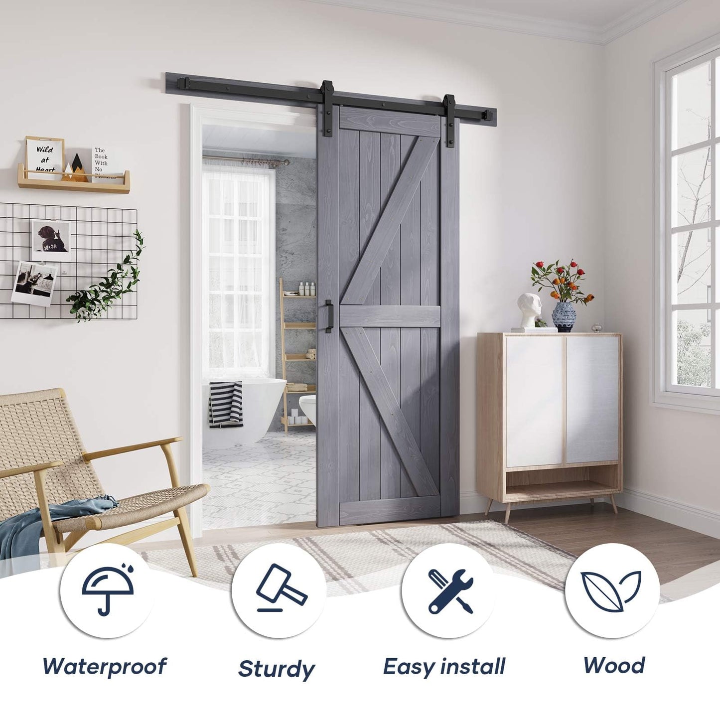 FREDBECK 30in x 80in Gray Wood Barn Door Slab with 5ft (60inch) Barn Door Hardware Track Kit Included, Double Surfaces,Simple Assembly is Required,K-Frame,Grey