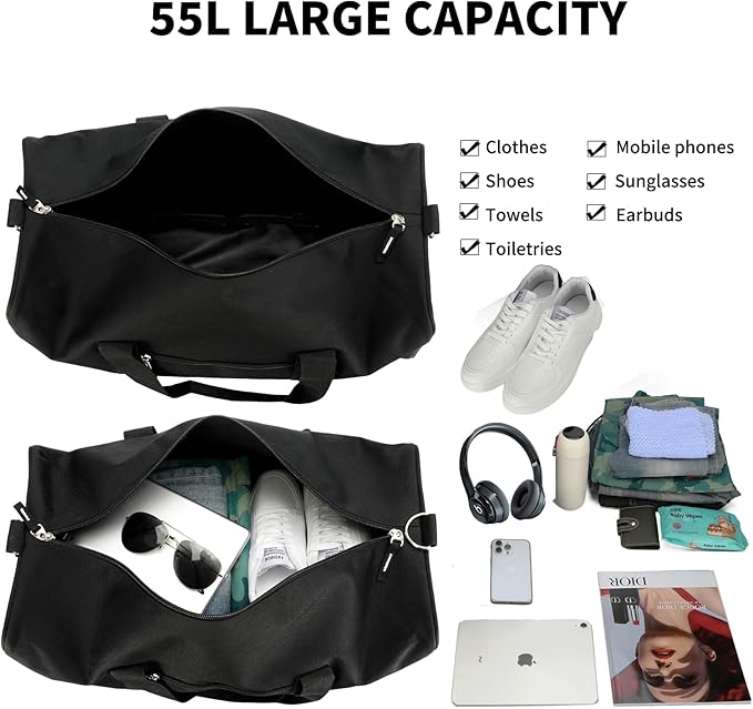 Gym Bag for Men, 22 inch Large Duffle Bag, 55L Lightweight Water-Resistant Weekender Duffel Bag for Travel, Sports, Camping, Overnight