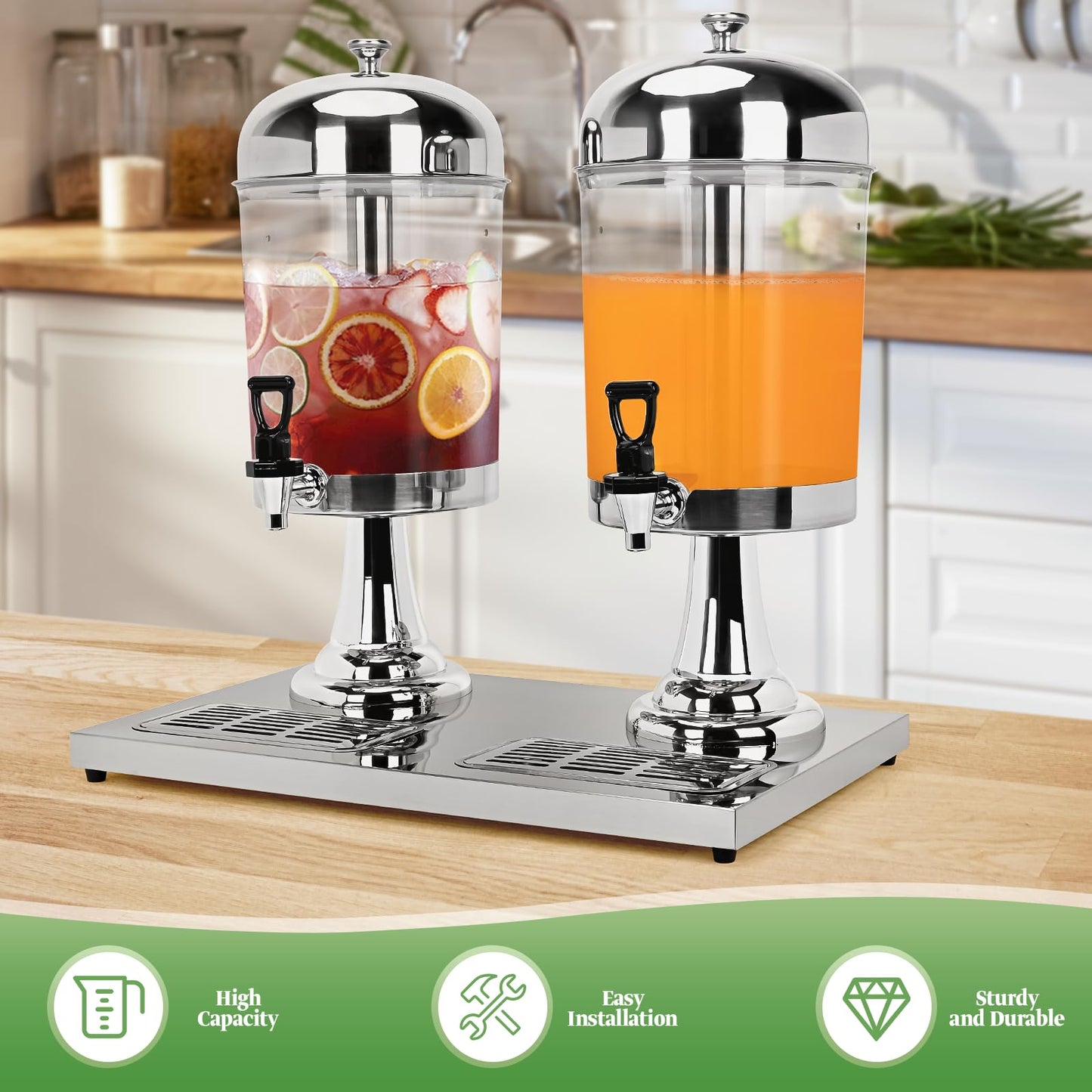 tonchean 4.4 Gallon Dual Drink Dispenser, Beverage Dispensers with Ice Core and Spigot, Stainless Steel Juice Dispenser for Parties, Wedding, Hotel Buffet, Banquet, Restaurant