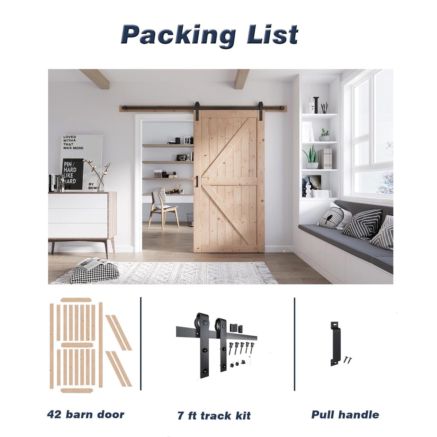 FREDBECK 42in x 80in Sliding Wood Barn Door with 7FT Barn Door Hardware Kit Included K Shape Solid Spruce Panel Sliding Door Double Surfaces Need to Assembly