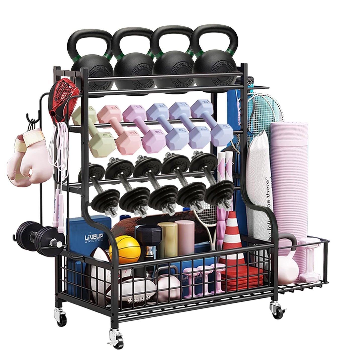 HIEE Dumbbell Rack, Weight Rack for Kettlebells, Storage Holder for Yoga and Workout Equipment, Home Gym Storage Rack with Wheels and Hooks (320 lb)