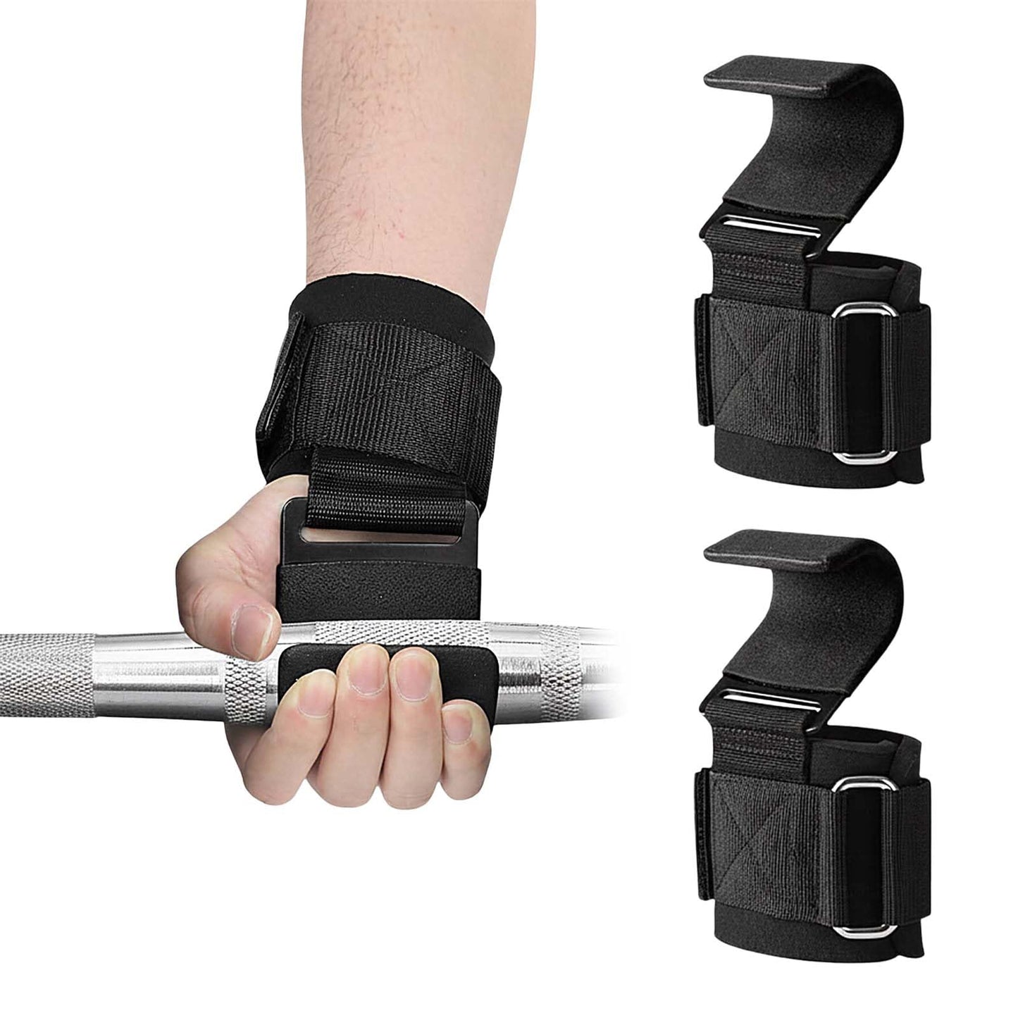 Weight Lifting Hooks (Pair) - Heavy Duty Lifting Wrist Straps, Hand Grip Support for Deadlifts, Pull Ups, Shrugs, Weightlifting Hooks Gym Gloves for Men and Women (Black)