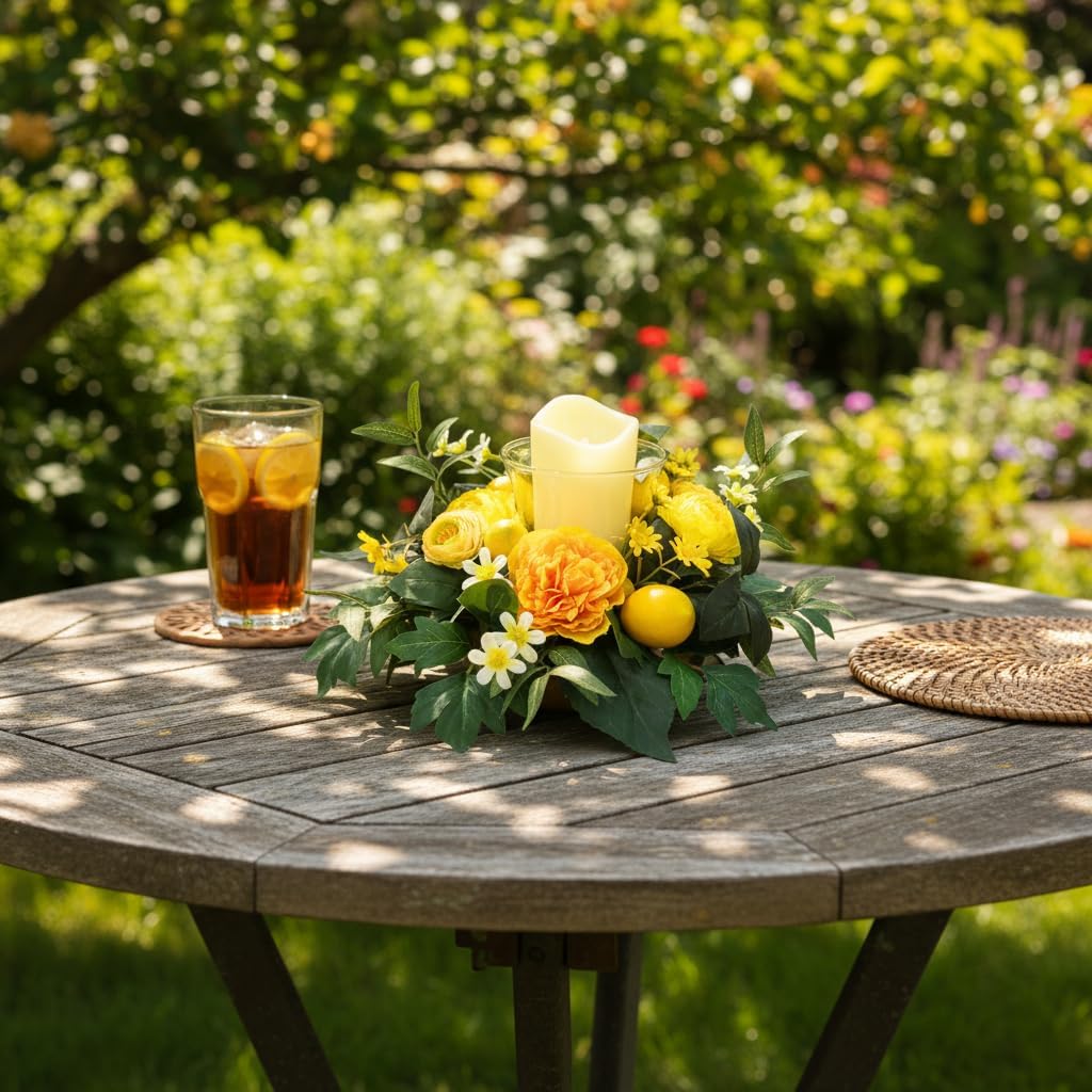 Skiennix 17 Inch Lemon Floral Centerpiece - Artificial Yellow Peony & Glass Hurricane Candle Holder for Dining Table Decor
