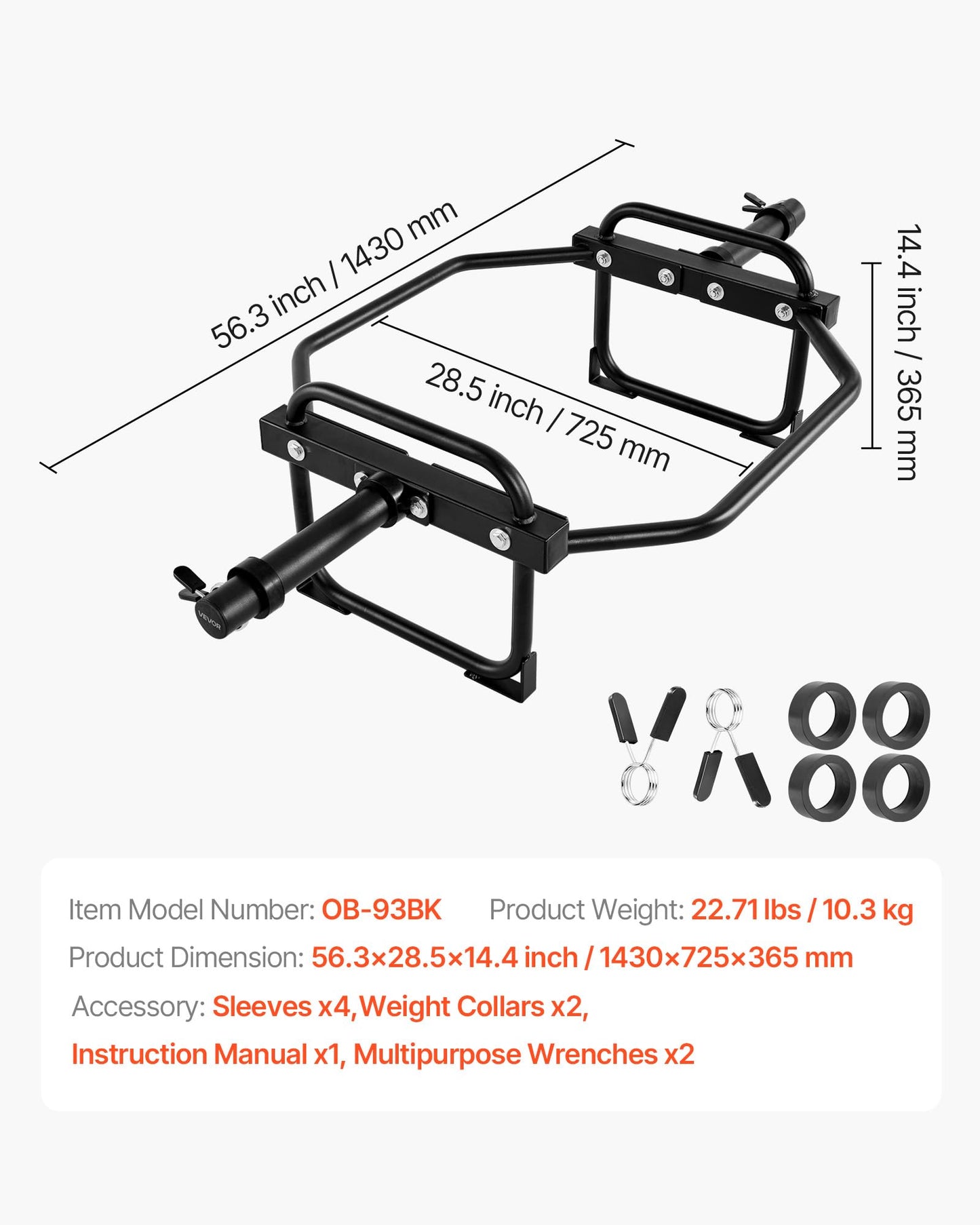 VEVOR Trap Bar Hex Bar, 2-Inch Hex Barbell, 500 LBS Capacity Shrug Bars, Weightlifting and Strength Training Equipment, Home Gym for Squats, Deadlifts, Shoulder Presses, Black