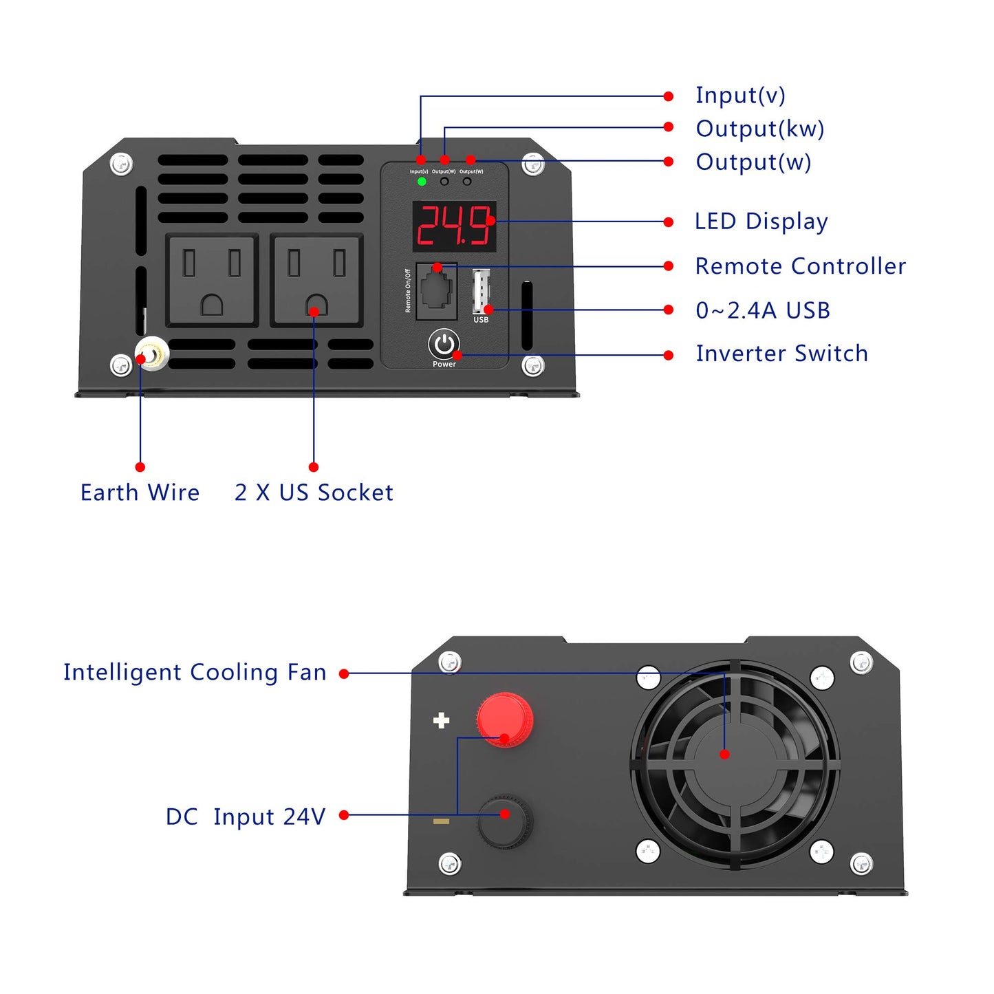 24V Pure Sine Wave Power Inverter 1200W 24V DC to120V AC UL Fuses Lithium Battery Compatible with Remote Controller and LED Display Dual AC Outlets for RVs Solar Off-Grid System Emergency by GIANDEL