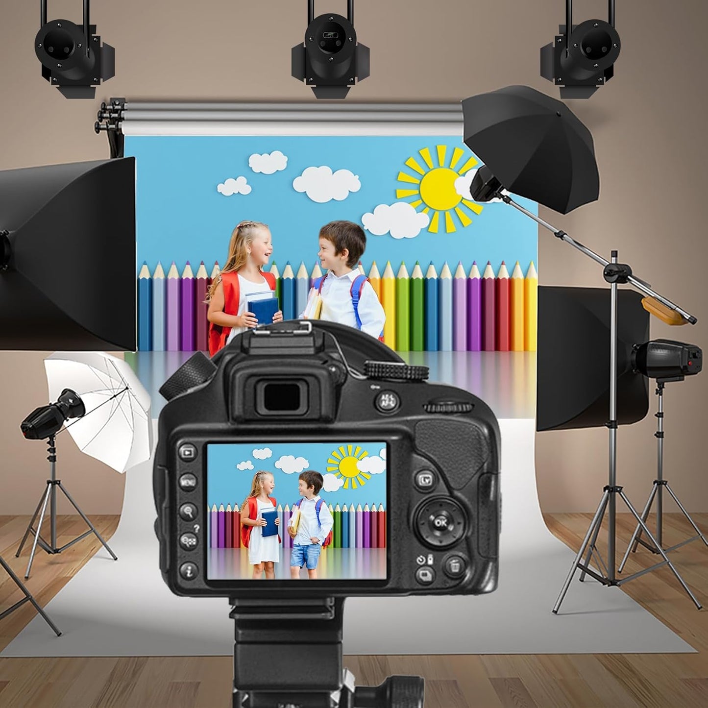 Baocicco 10x8ft Vinyl Backdrop Children's Room Interior Decor Photography Background Crayon Sun Clouds Blue Background