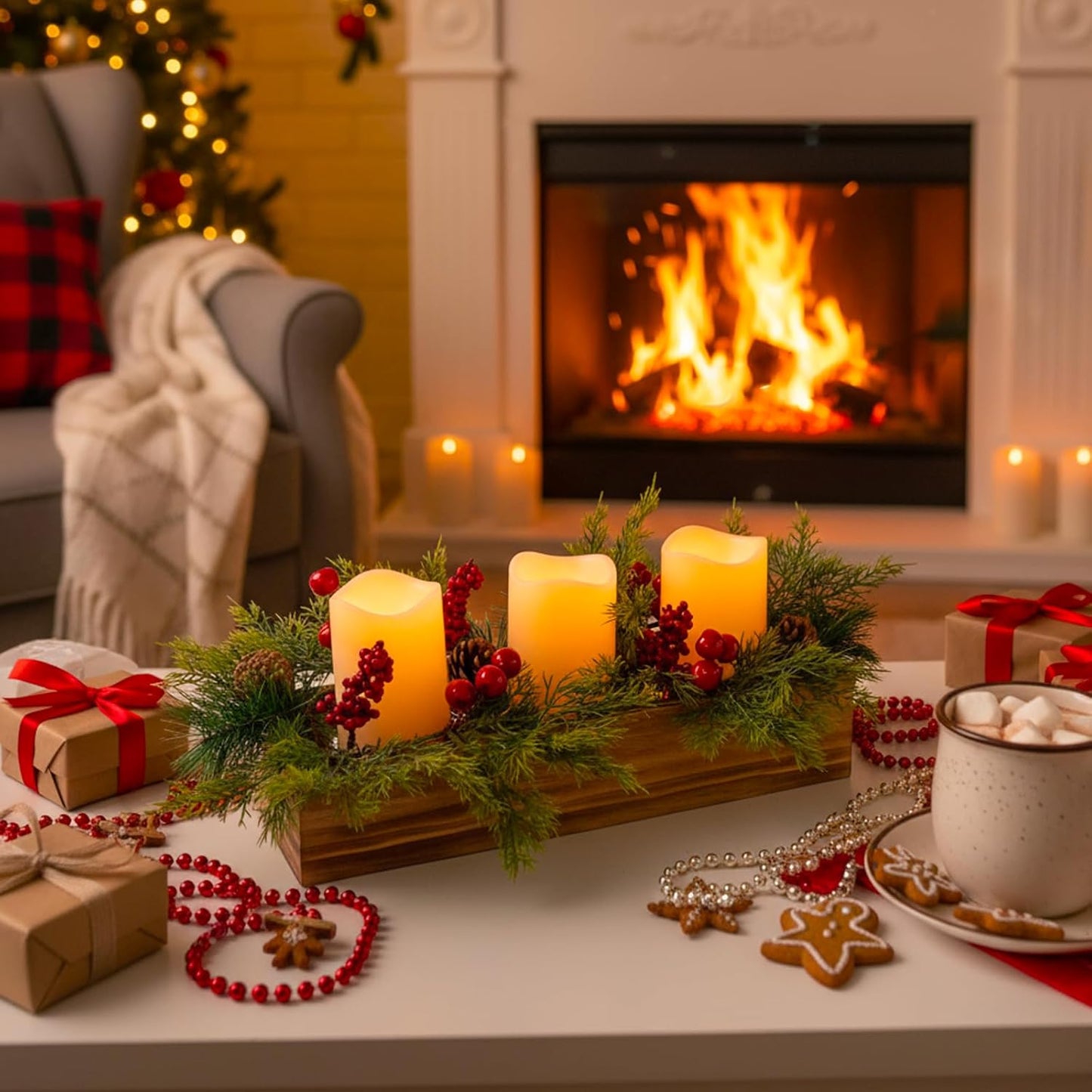 Regine Switzerland Christmas Table Centerpiece - 3 Flameless LED Candles with Pine Cones & Red Berries | Rustic Wood Holders for Holiday Dining & Xmas Party Decor