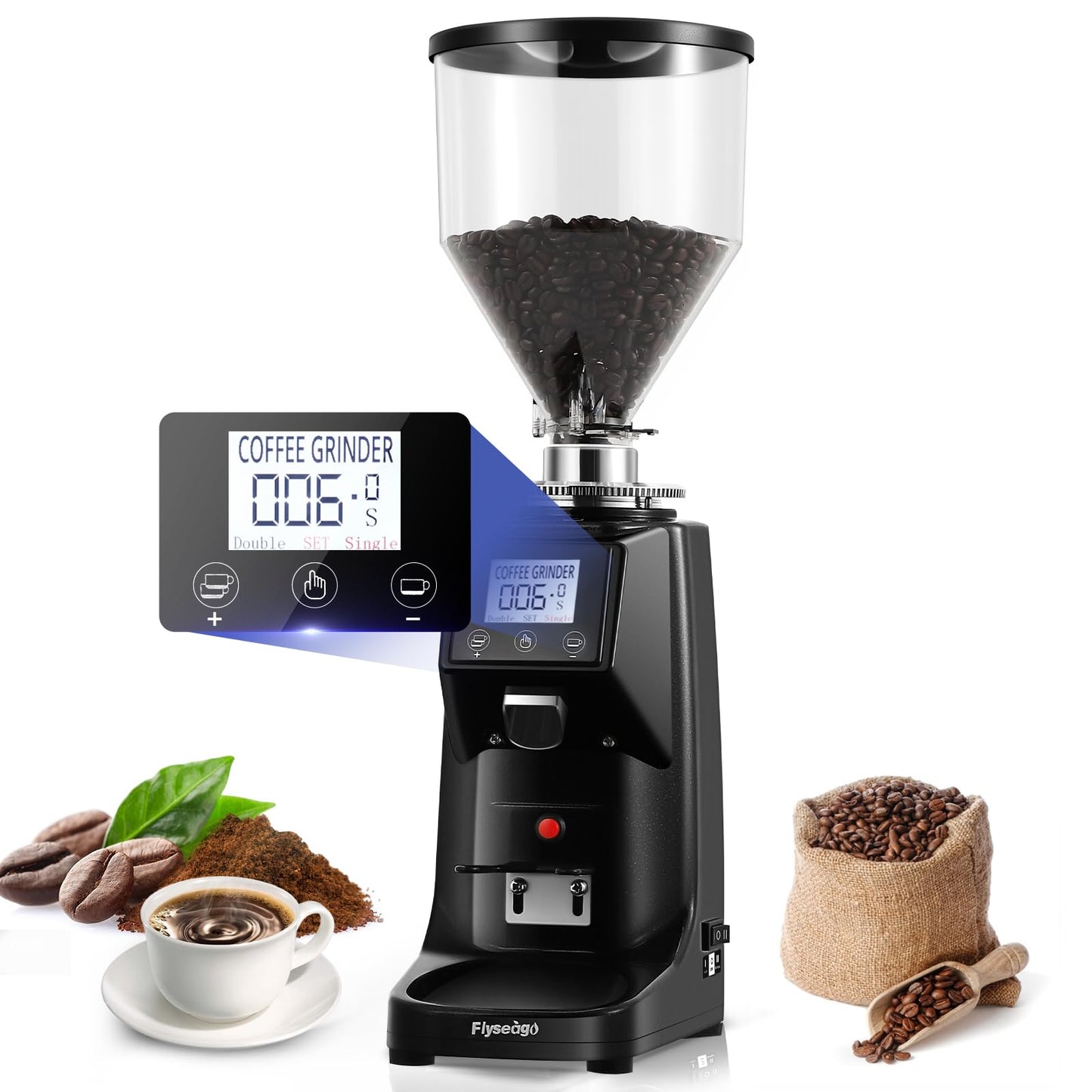 Flyseago Commercial Coffee Grinder Electric - 64mm SS Flat Burr, Digital Touch Screen, 19 Adjustable Settings, 35oz Large Hopper, Black