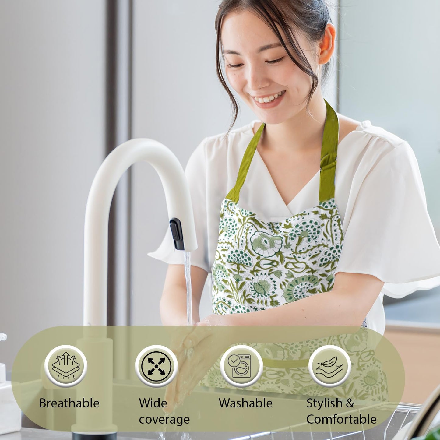 CPC Agate Green 100% Cotton Block Print Kitchen Apron with an Adjustable Neck with Long Ties for Women Men Chef-Handmade Cooking Apron Gift For Spring, Mother's Day