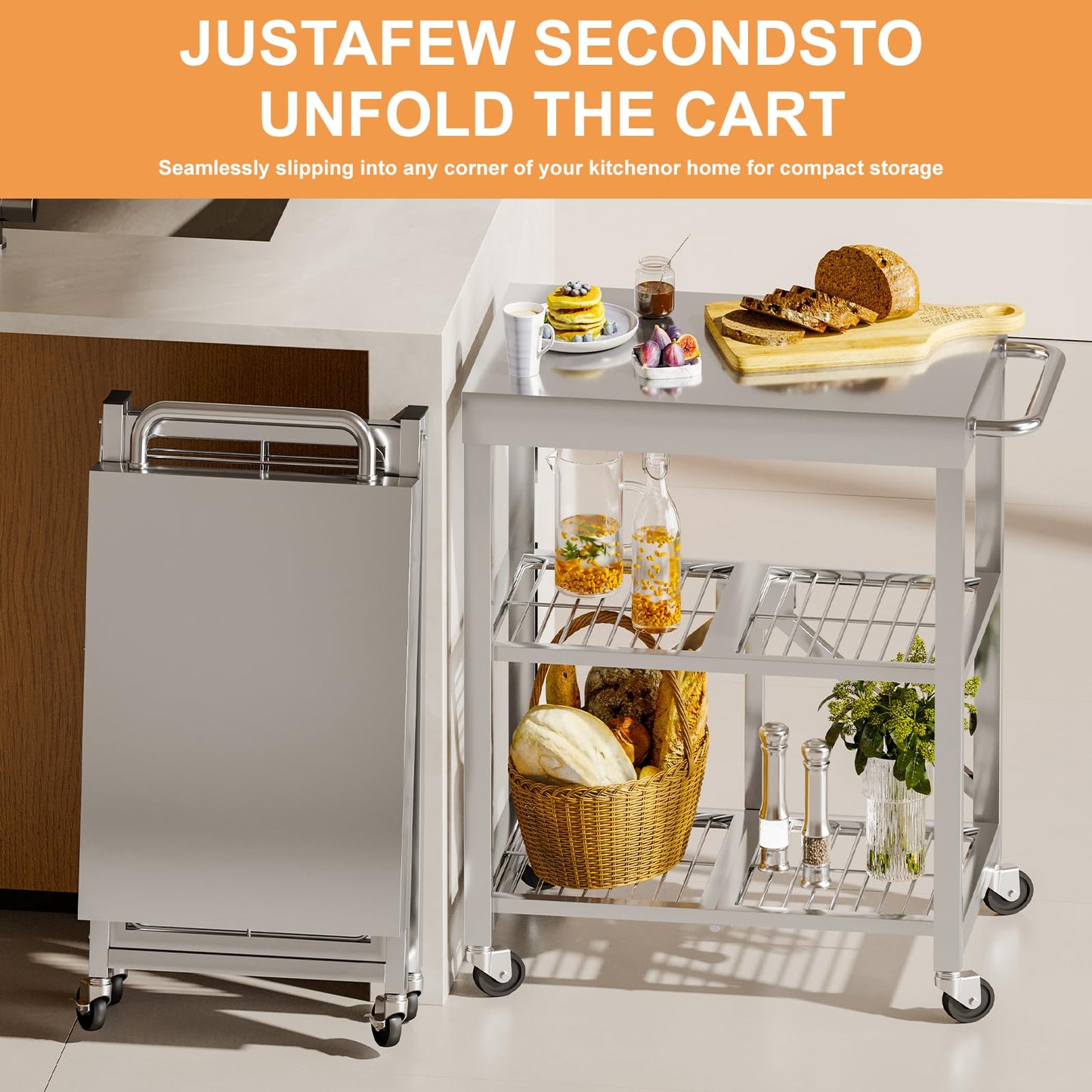 Stainless Steel Foldable Rolling Kitchen Cart with 3-Tier Shelves, 300LB Capacity, Wheels & Foldable Design, Top Worktable for Food Prep, Ideal for Kitchen, Restaurant, Warehouse, Outdoor & Hotel Use