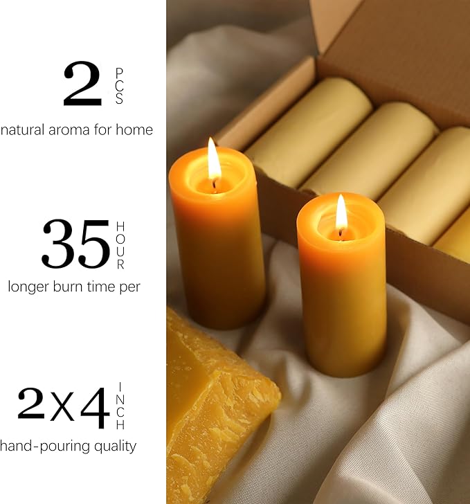 Natural Beeswax Candles Pillar, 2 Packs, 70 Hours Burn Time, 100% Pure Beeswax Candles for Home Deco, Smokeless & Dripless Bees Wax Candle for Relax, Prayer, Air Purification, 2x4 inch