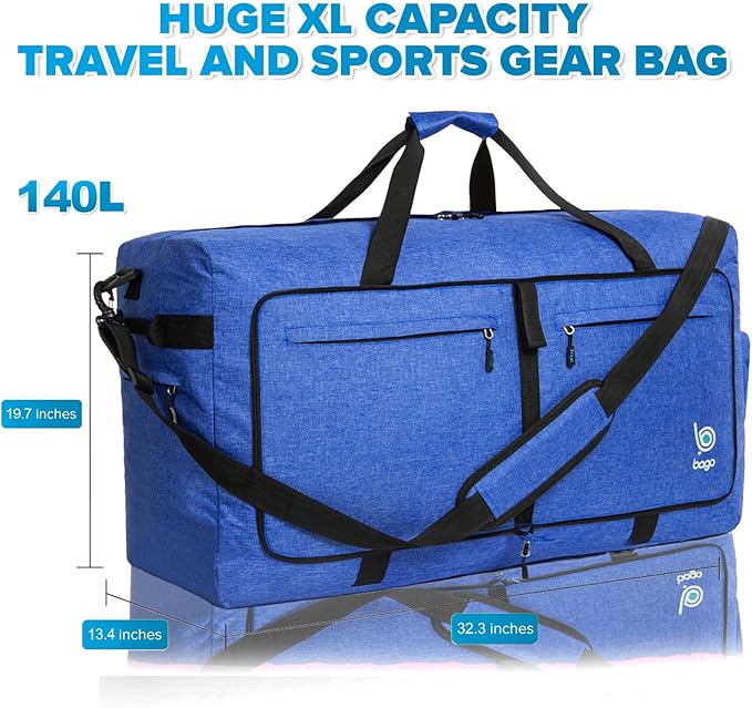 Bago Big XXL Foldable Duffel Bags for Traveling Women & Men - 140L Packable Duffle Bag for Travel with Shoe Compartment - Water Repellant, Heavy Duty, Lightweight Folding & Collapsible (SnowDepBlue)