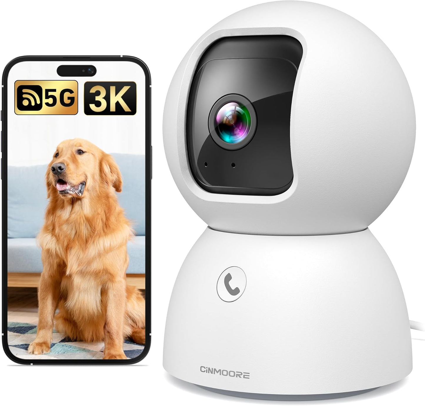 CINMOORE 5G 3K 2-Way 2.4G/5G Pet Camera Indoor with Phone App, Cat Dog Cameras with Speaker, Pan-Tilt WiFi Baby Monitor