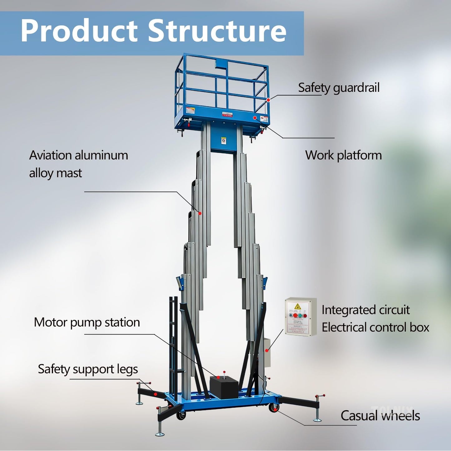 Electric Scaffolding Platform Lift, Aluminum Alloy Mobile Man Lift with Manganese Steel Support Arms, 1.1m Detachable Guardrail, 13ft-46ft Hydraulic Lifting Platform for Warehouse Construction