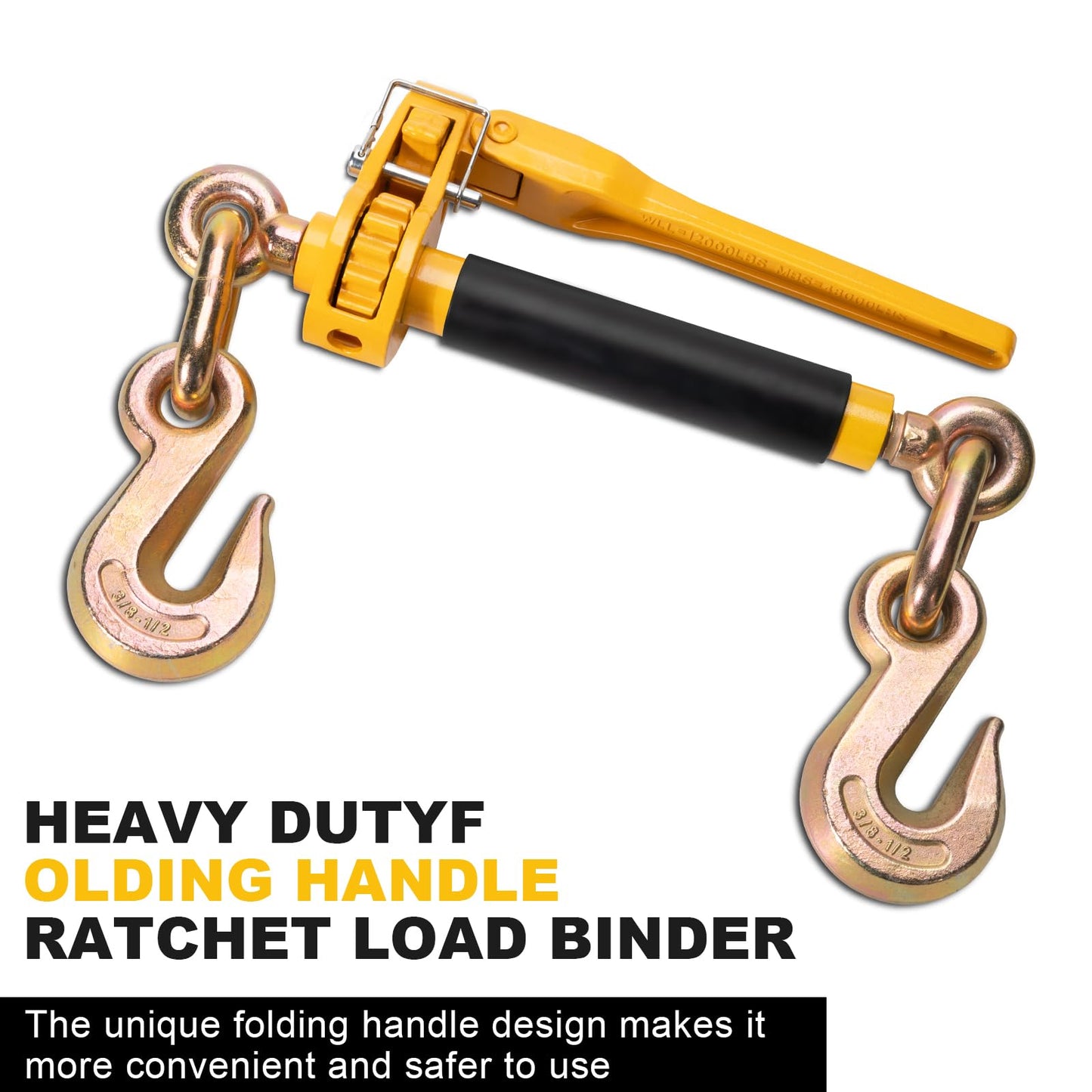 AYMMIC 3/8"-1/2" Heavy Duty Folding Handle Load Binder, Ratchet Chain Binder with Grab Hooks G70-T80, 12,000 lbs WLL Tie Down Hauling Chain Binders for Flatbed Truck Trailer, 2 Pack