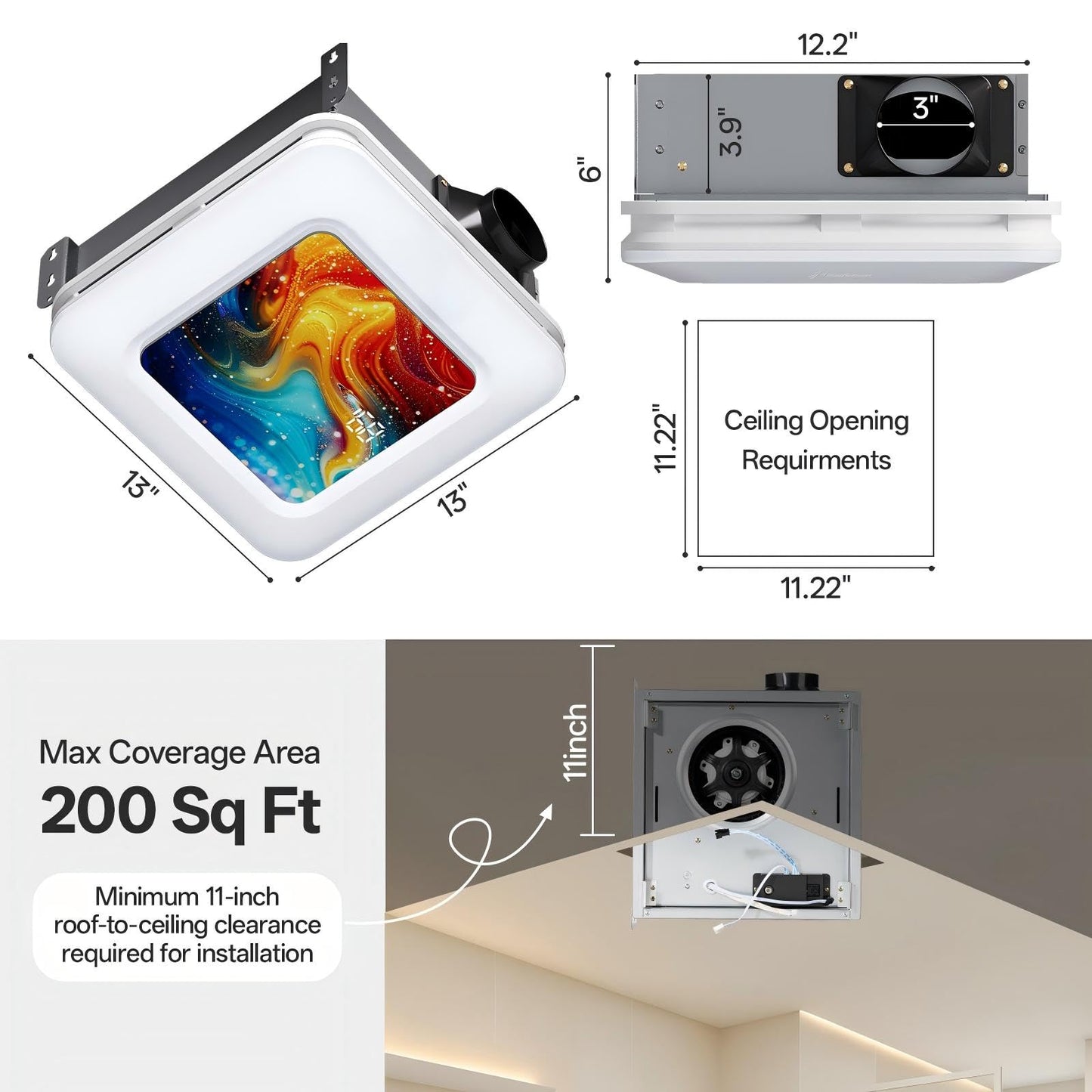 ROJOSAN Bathroom Exhaust Fan with Humidity Sensor, 230 CFM 1.0 Sone Ventilation Fan, 3 Dynamic Light and 3CCT Light (2700-4500-6500K), 11.22” x 11.22” Mount, Remote Control (Aurora Iridescence)